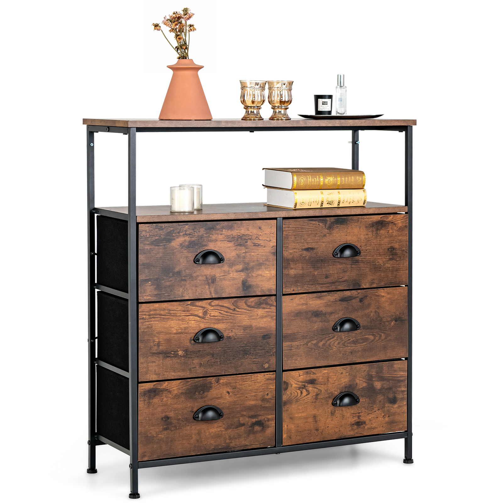 LOURDES Oak Finish Chest of Drawers - Medium-sized, 6 Fabric Drawers, Double - Savings Store