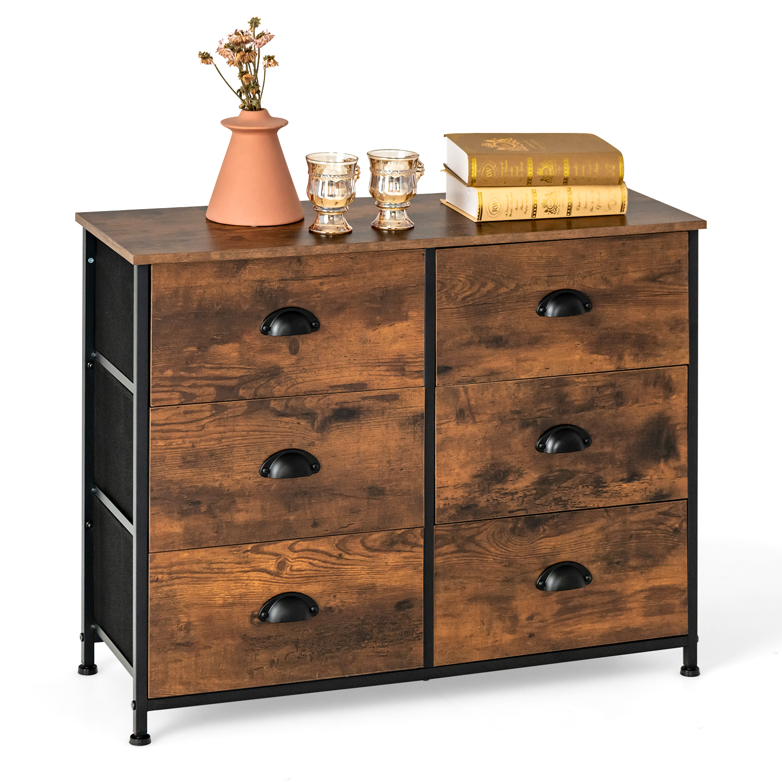 LOURDES Oak Finish Chest of Drawers - Medium-sized, 6 Fabric Drawers - Savings Store