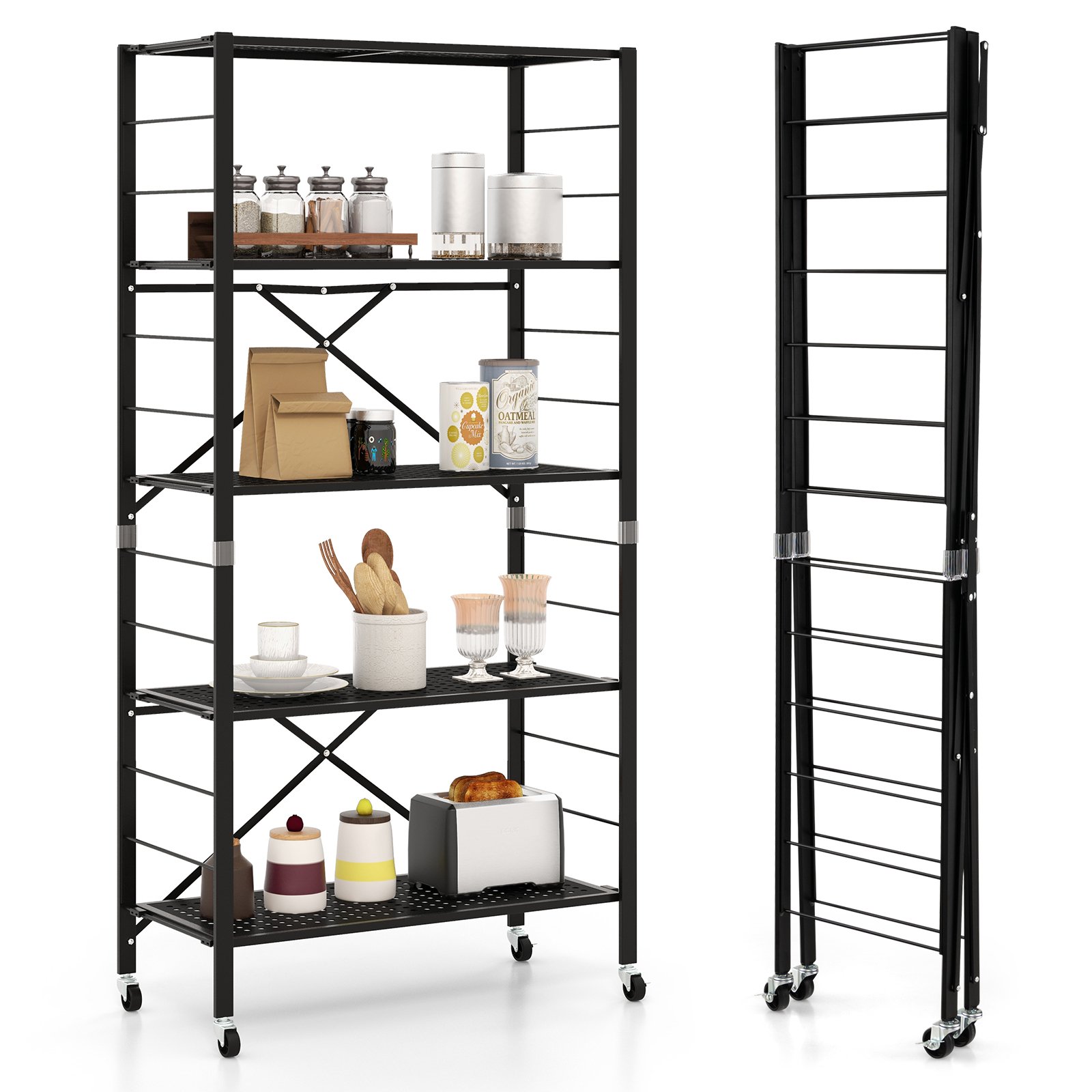 5-Tier Folding Storage Shelves with Adjustable Shelves and Wheels-Black - Savings Store