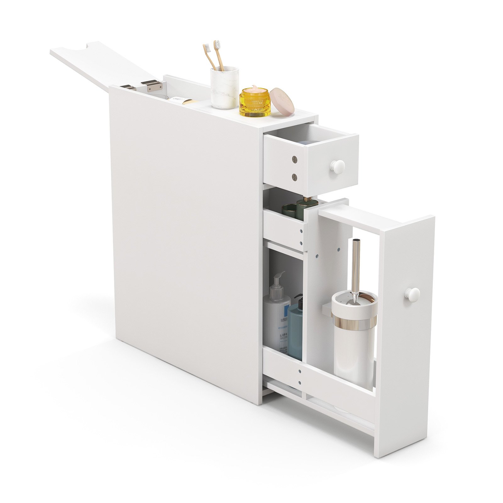 Slim Storage Cabinet with Slide-out Drawers and Flip-open Top Cover-White - Savings Store