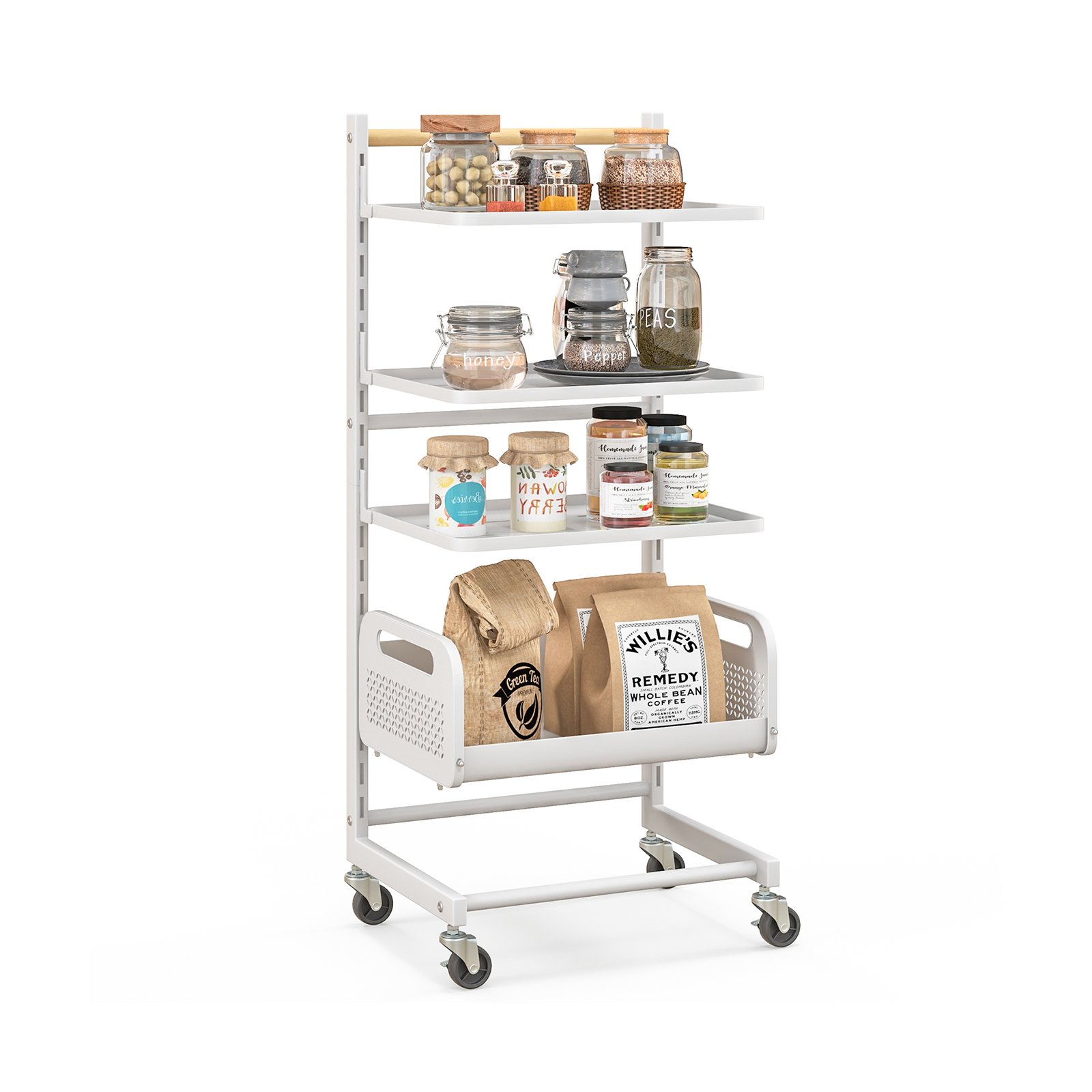 4 Tier Utility Rolling Cart with Adjustable Shelves-White - Savings Store