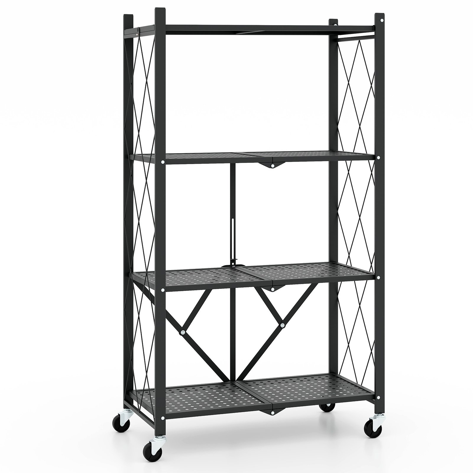 4-Tier Metal Foldable Collapsible Storage Rack with Lockable Wheels-Black - Savings Store
