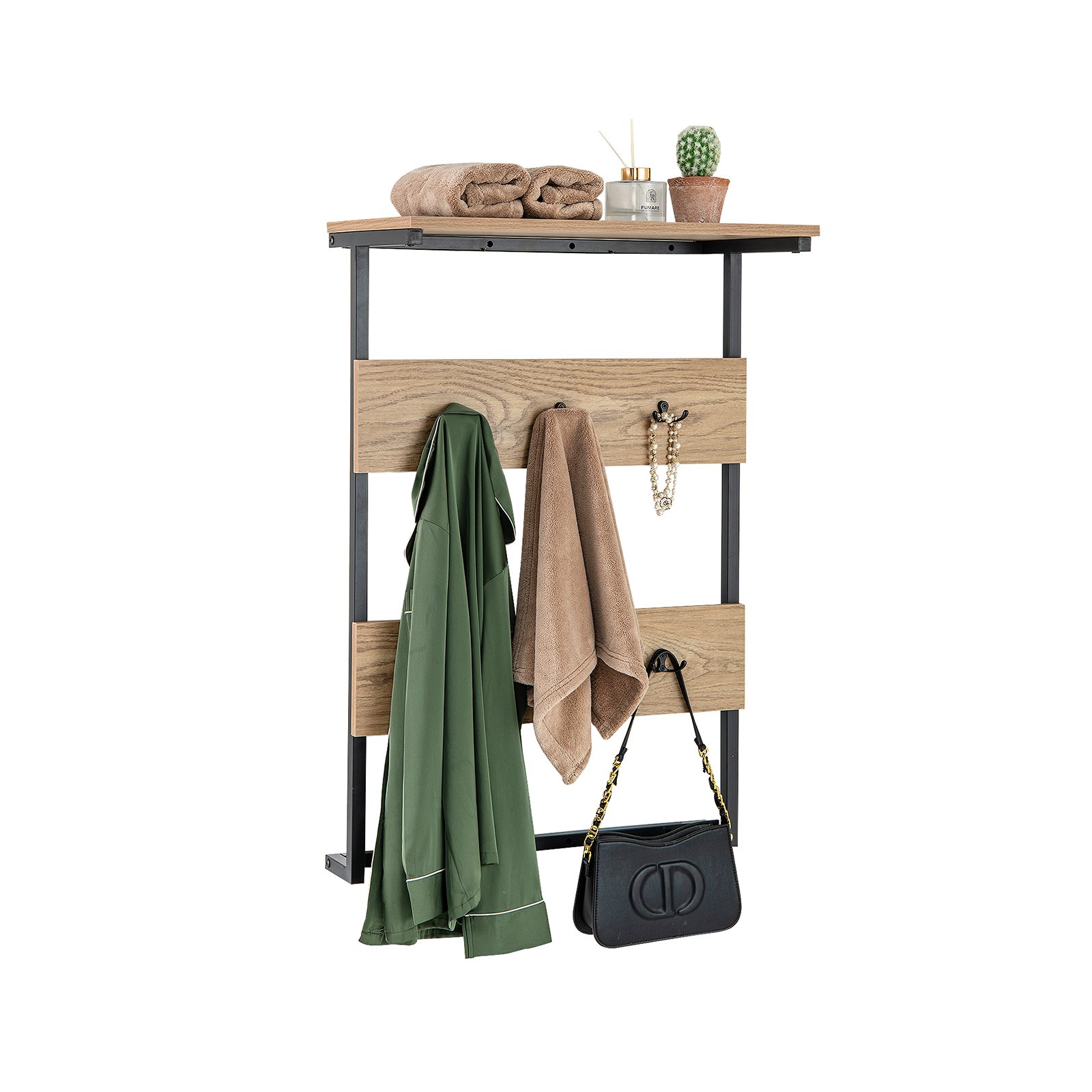 Coat Rack - Entryway Wall Coat Rack with 6 Hooks and Display Shelf-Natural - Savings Store