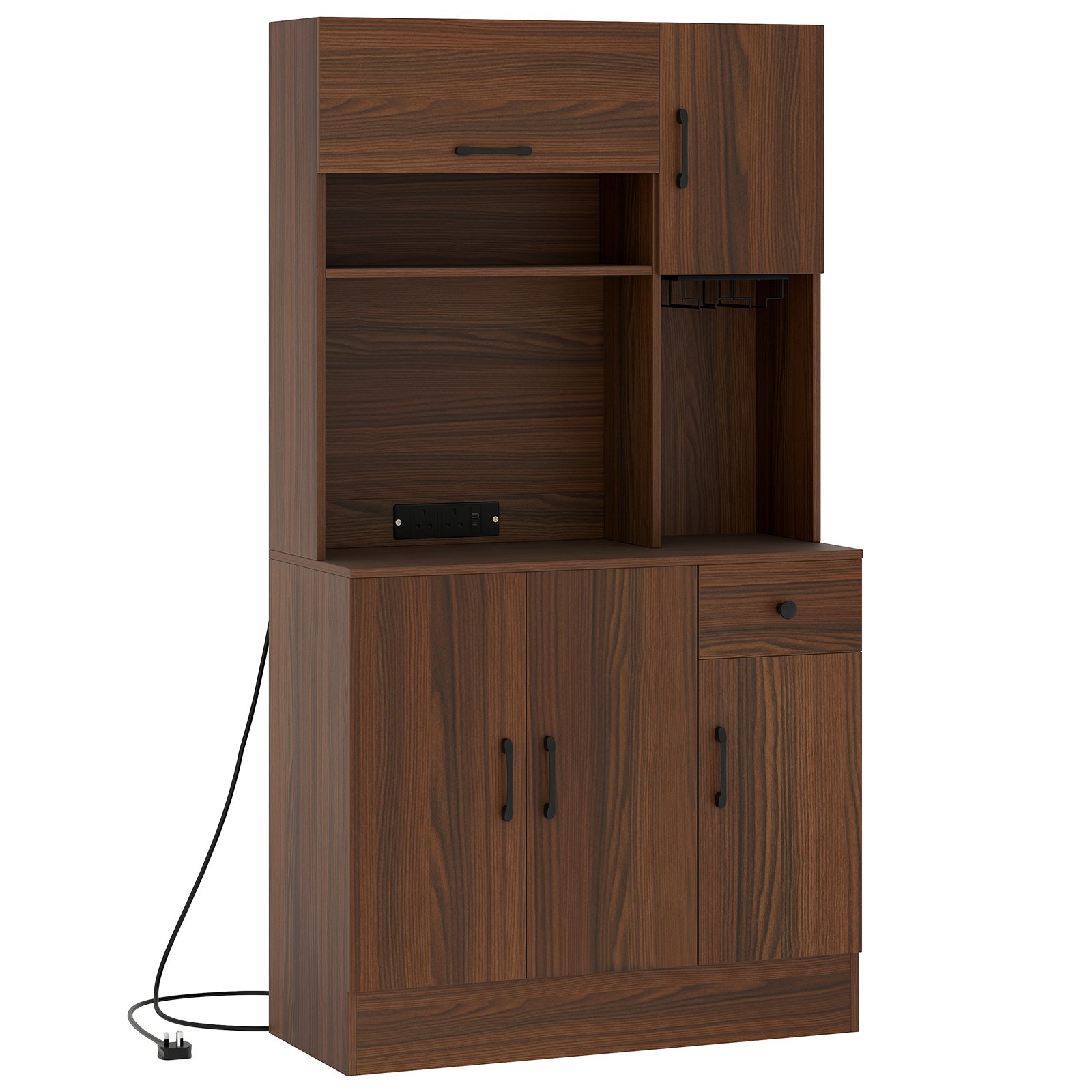 167cm Tall Pantry Cabinet with Hutch and Power Outlets-Walnut - Savings Store
