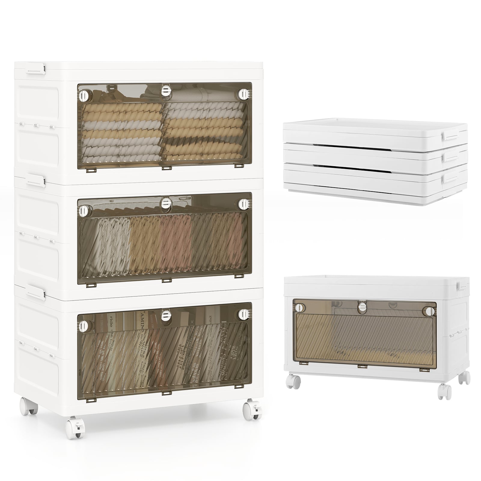 HALDOR 3-Tier/4-Tier Stackable Storage Bins with 3-Way-to-Open Drawers and Wheels-3-Tier - Savings Store