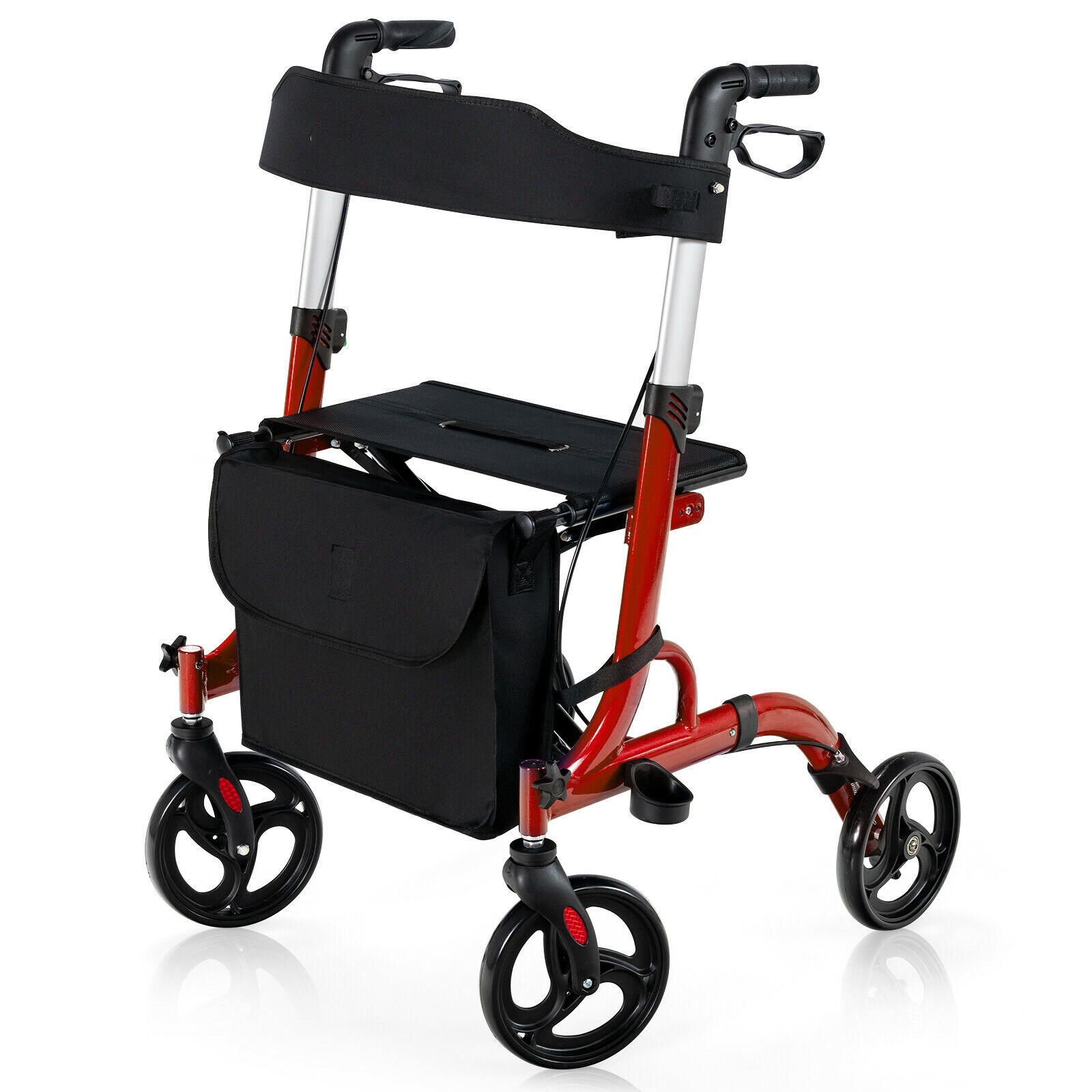 2 in 1 Walker Aluminium Mobility Walking Aid with Seat Adjustable-Red - Savings Store