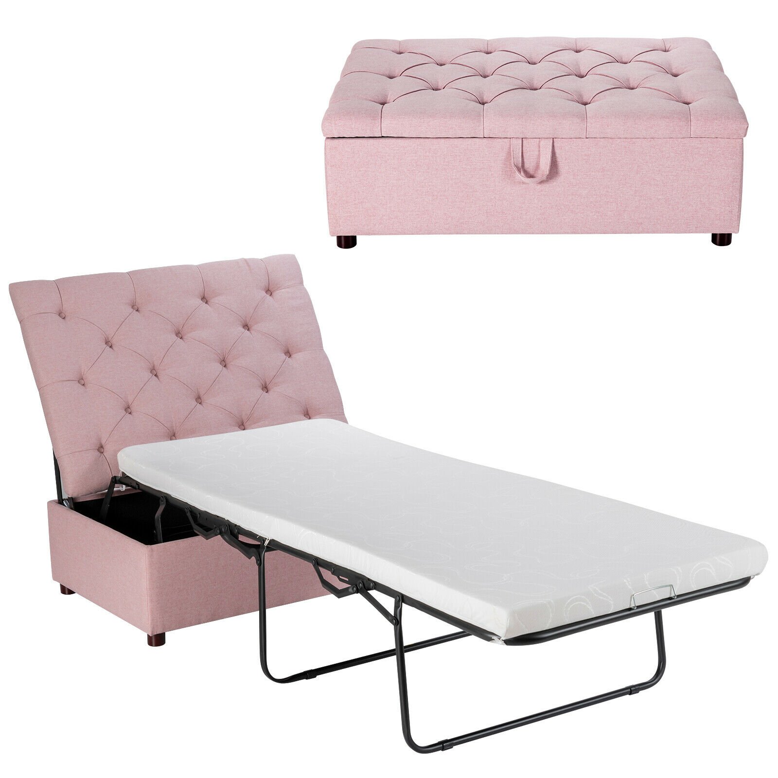 Single Bed - 2-in-1 Convertible 3ft Ottoman Storage Bed with Mattress for Home and Office-Pink - Savings Store