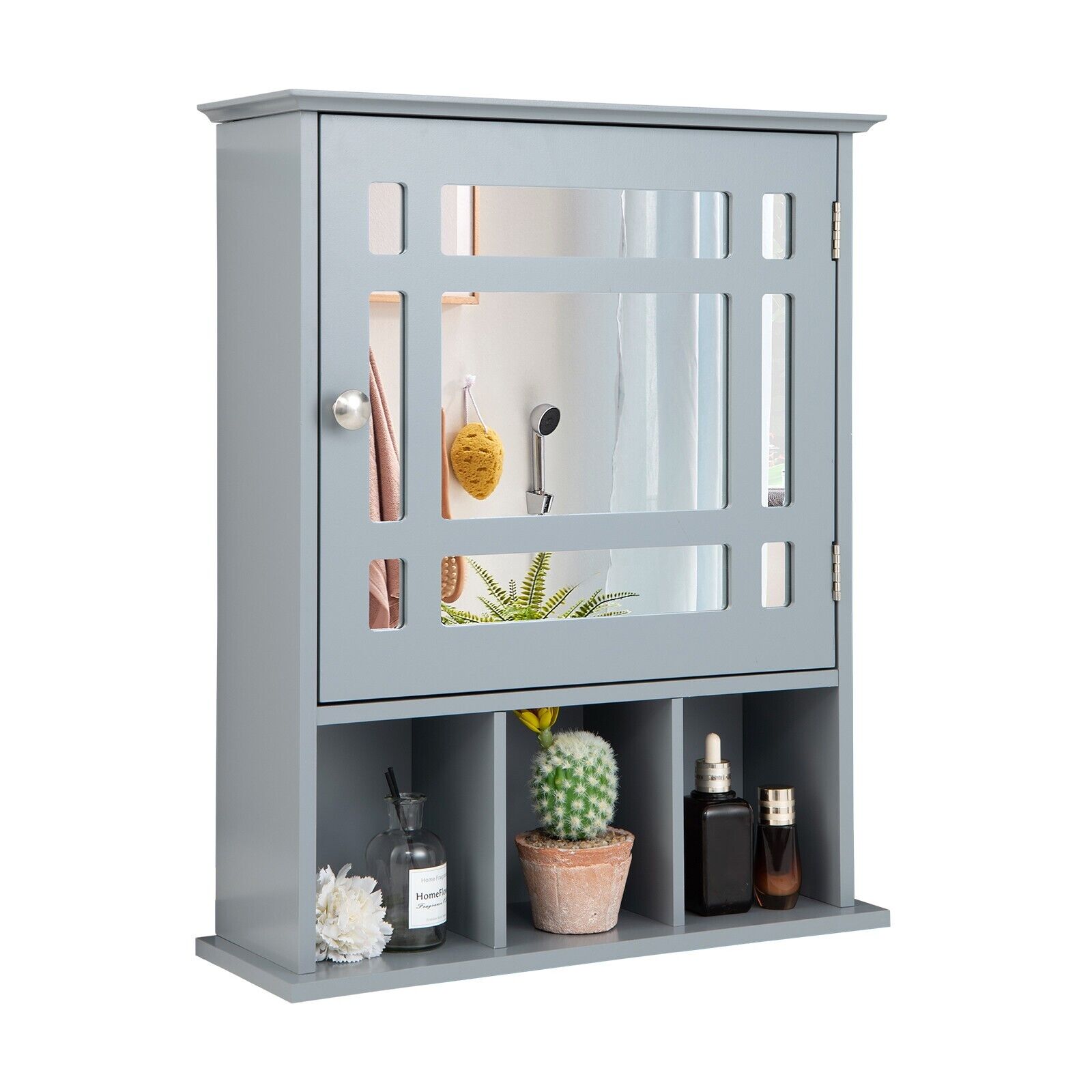ARVI Mirror Door Cabinet with Adjustable Shelf and 3 Compartments-Grey - Savings Store