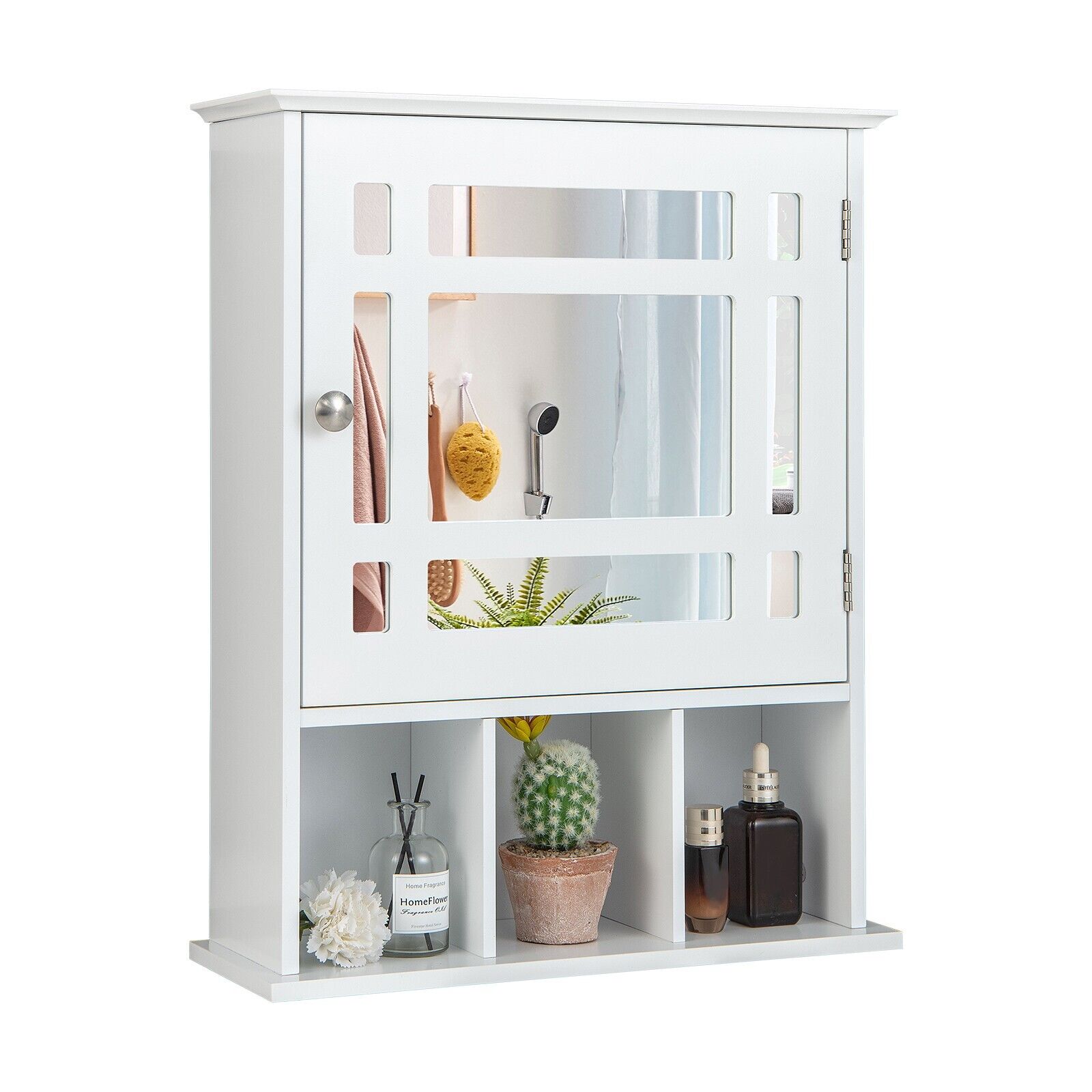 ARVI Mirror Door Cabinet with Adjustable Shelf and 3 Compartments-White - Savings Store