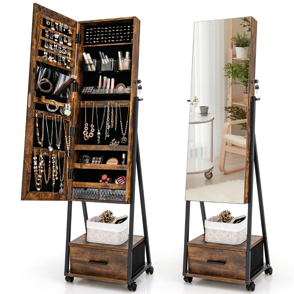 Mobile Standing Lockable Jewelry Cabinet with Full Length Mirror-Coffee - Savings Store
