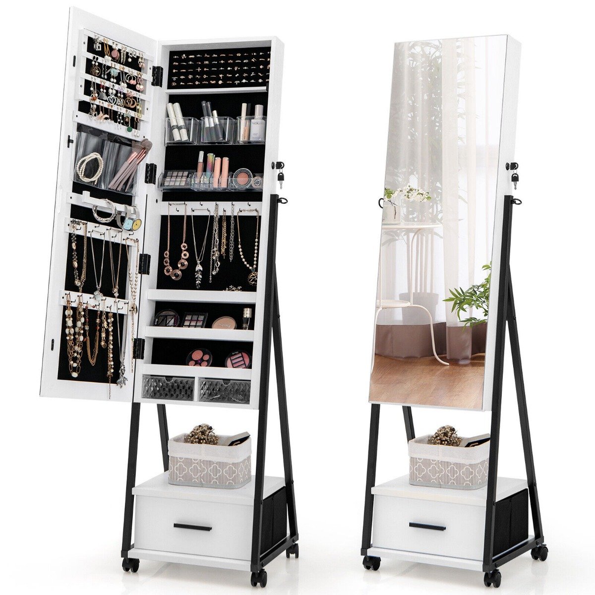 Jewellery Cabinet - Mobile Standing Lockable Jewelry Cabinet with Full Length Mirror-White - Savings Store