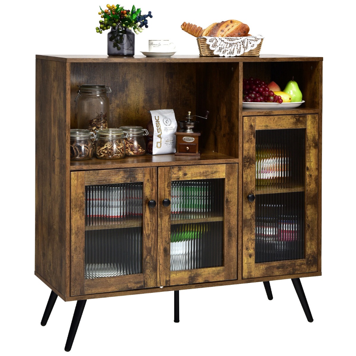 Industrial Wooden Kitchen Storage Cabinet with Tempered Glass Doors-Brown - Savings Store