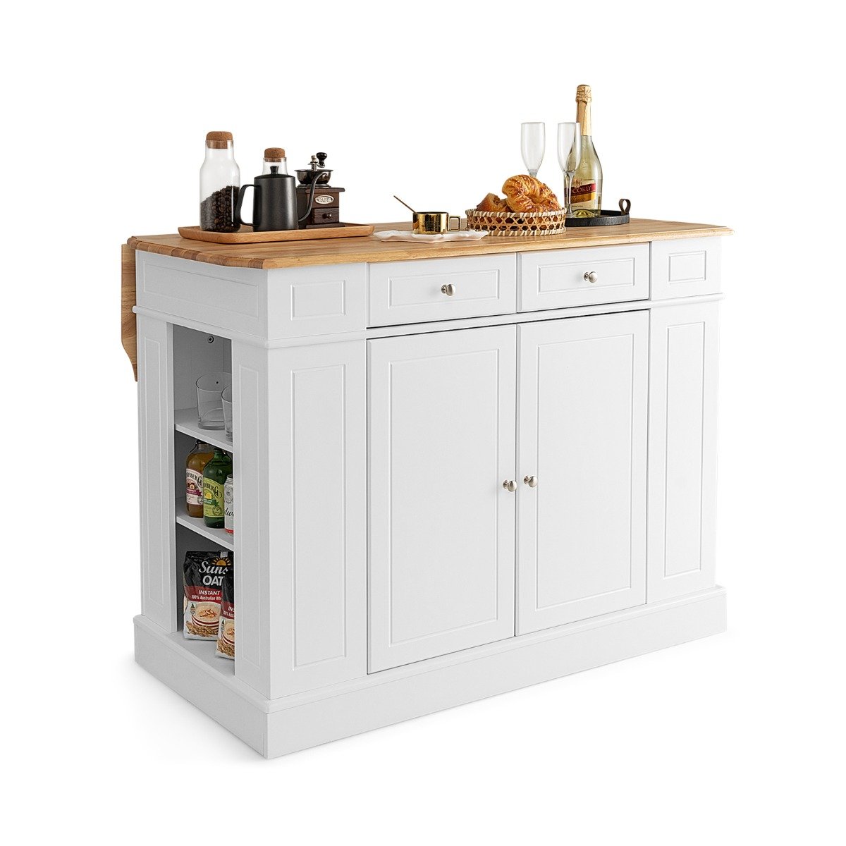 Kitchen Trolley - Drop-Leaf Kitchen Island with Extendable Worktop and Adjustable Shelves-White - Savings Store