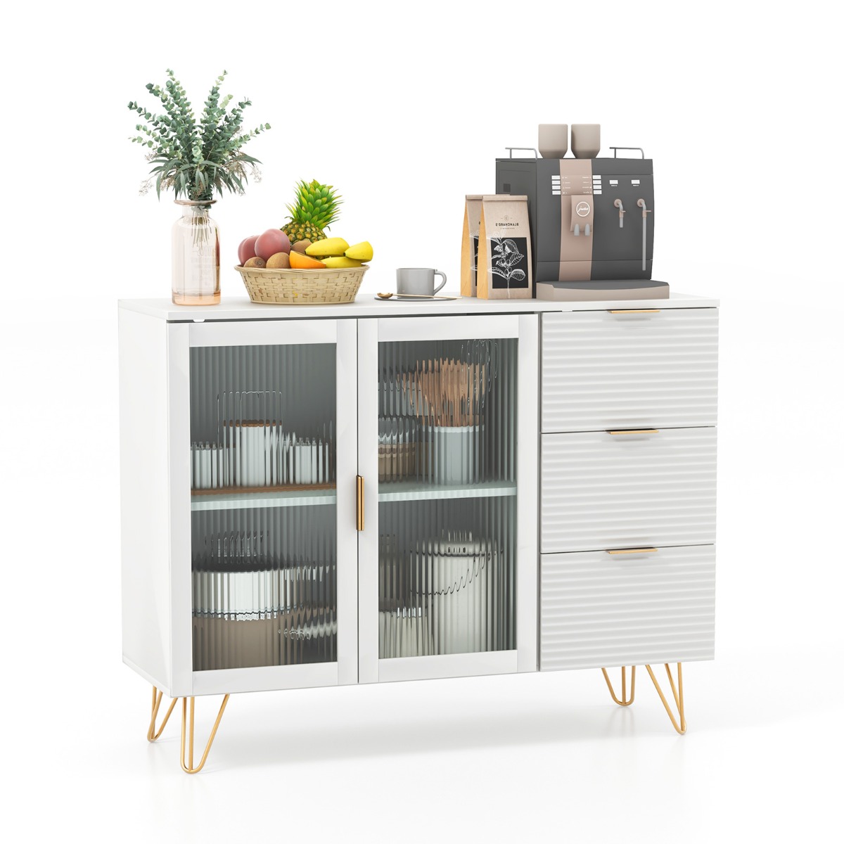 Modern Sideboard Storage Cabinet with 2 Glass Doors and 3 Drawers-White - Savings Store
