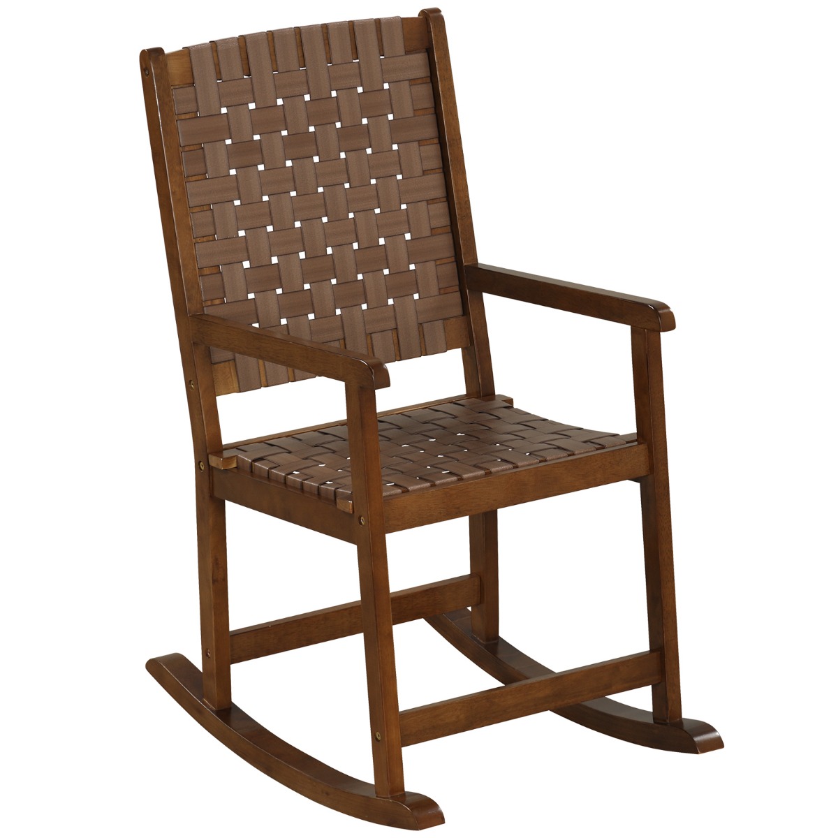 Wood Rocking Chair with PU Seat and Rubber Wood Frame for Porch Backyard Balcony-Brown - Savings Store