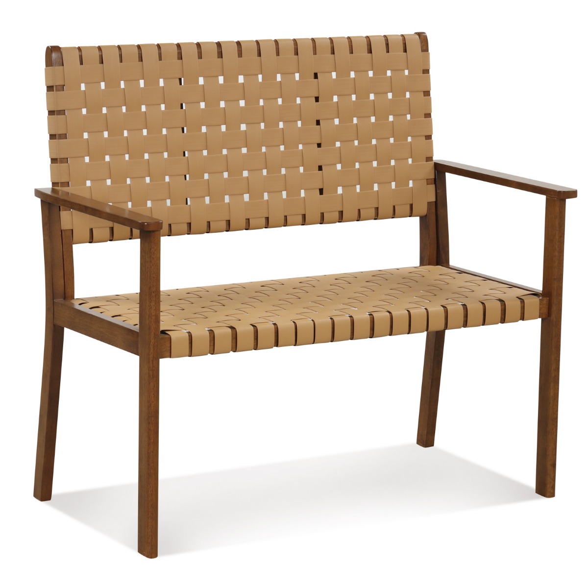 Outdoor All Weather Bench with Solid Rubber Wood Frame and Hand Woven PU Leather-Natural - Savings Store
