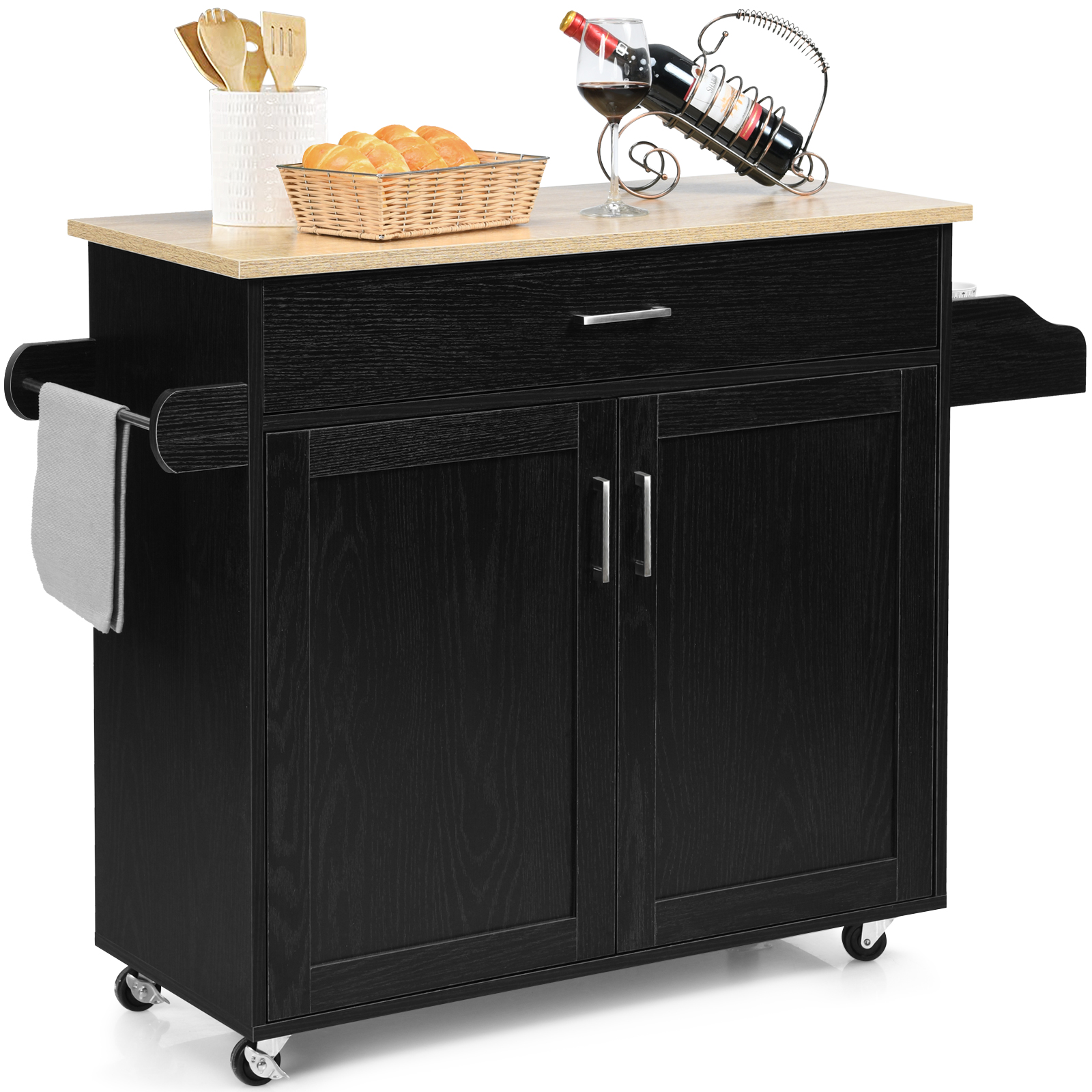 Rolling Kitchen Storage Trolley with Adjustable Shelf and Drawer-Black - Savings Store