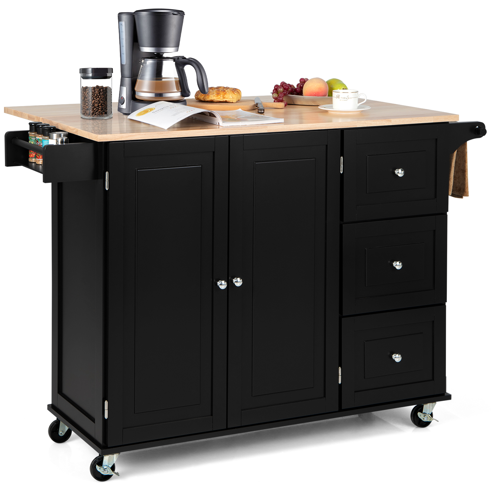 Kitchen Island Trolley with 3 Drawers and 2-door Cabinet-Brown - Savings Store