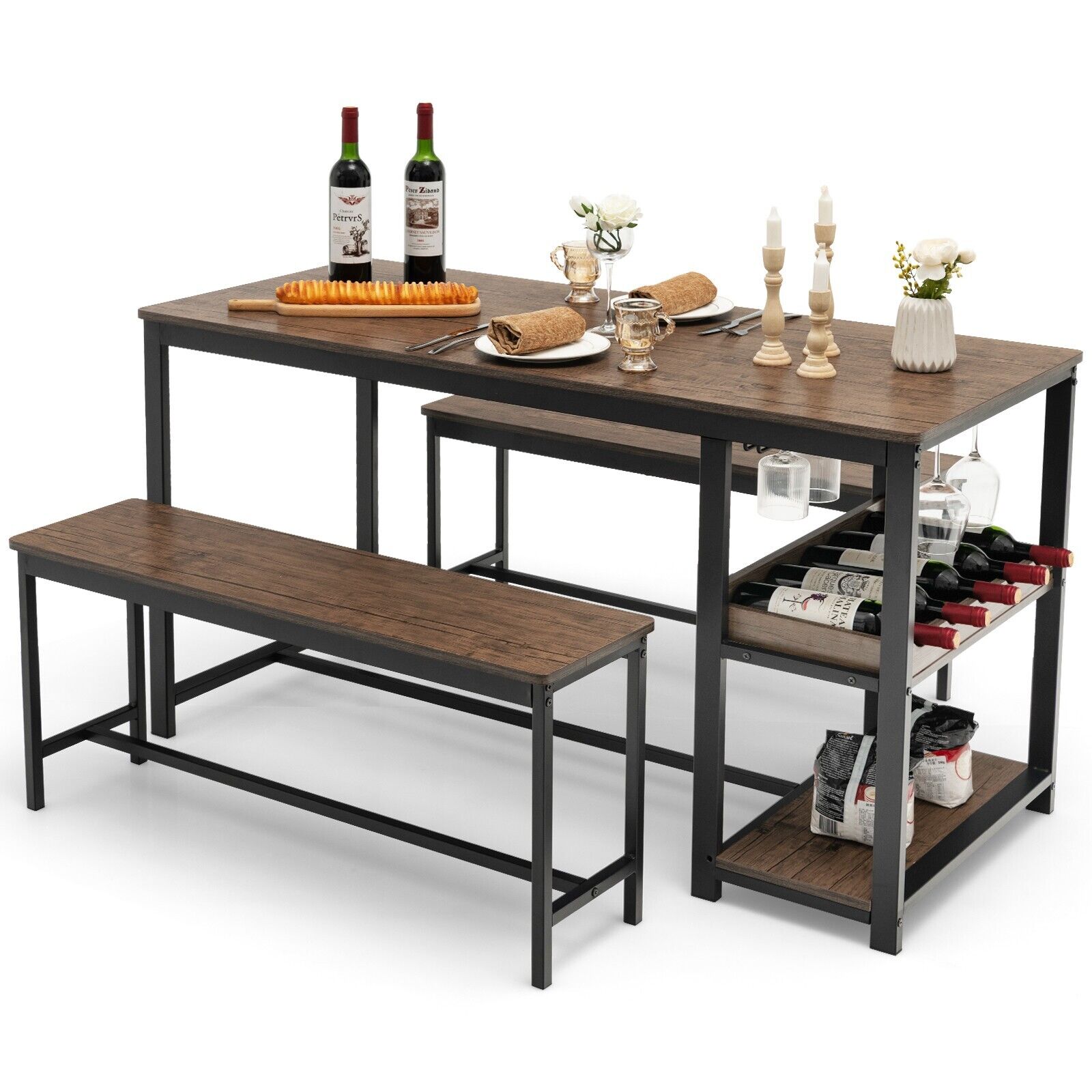3 Pieces Kitchen Dining Set with Storage Rack-Brown - Savings Store