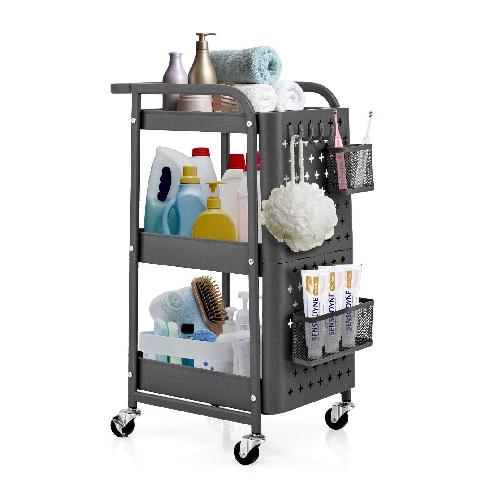 3-Tier Rolling Storage Organizer Cart with Dual DIY Pegboards-Gray - Savings Store