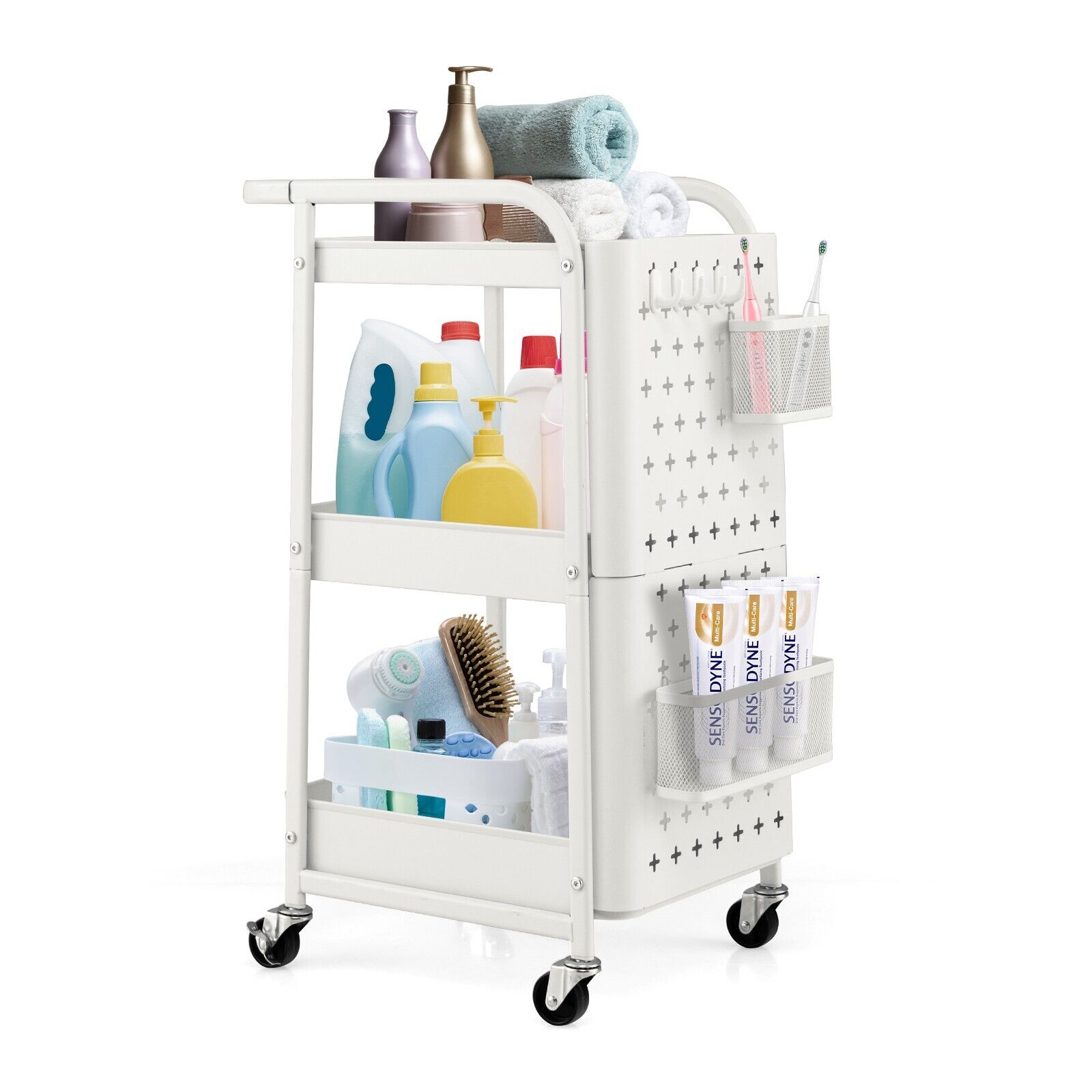 3-Tier Rolling Storage Organizer Cart with Dual DIY Pegboards-White - Savings Store