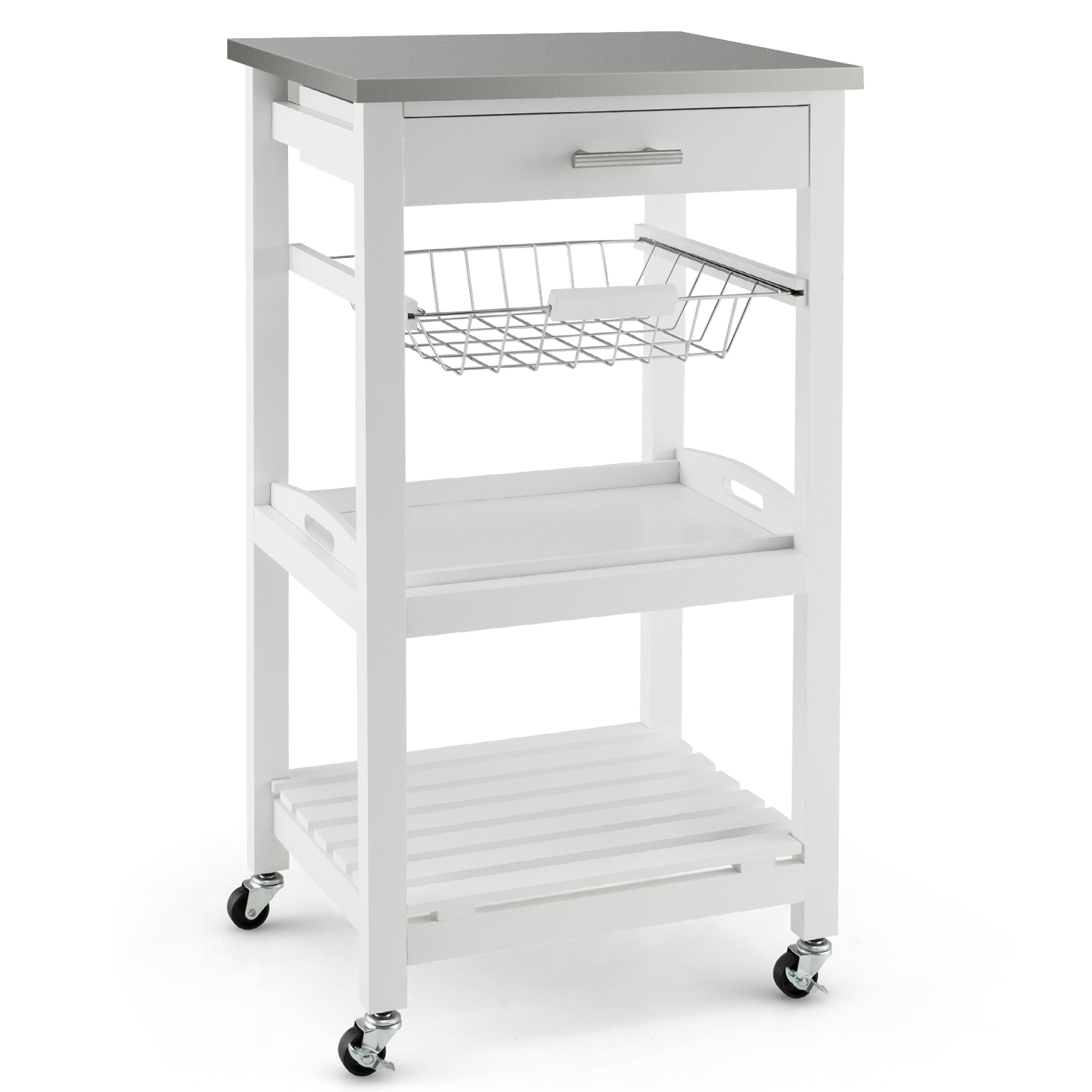 4-Tier Rolling Trolley Cart with Lock Wheels Basket and Drawer-White - Savings Store