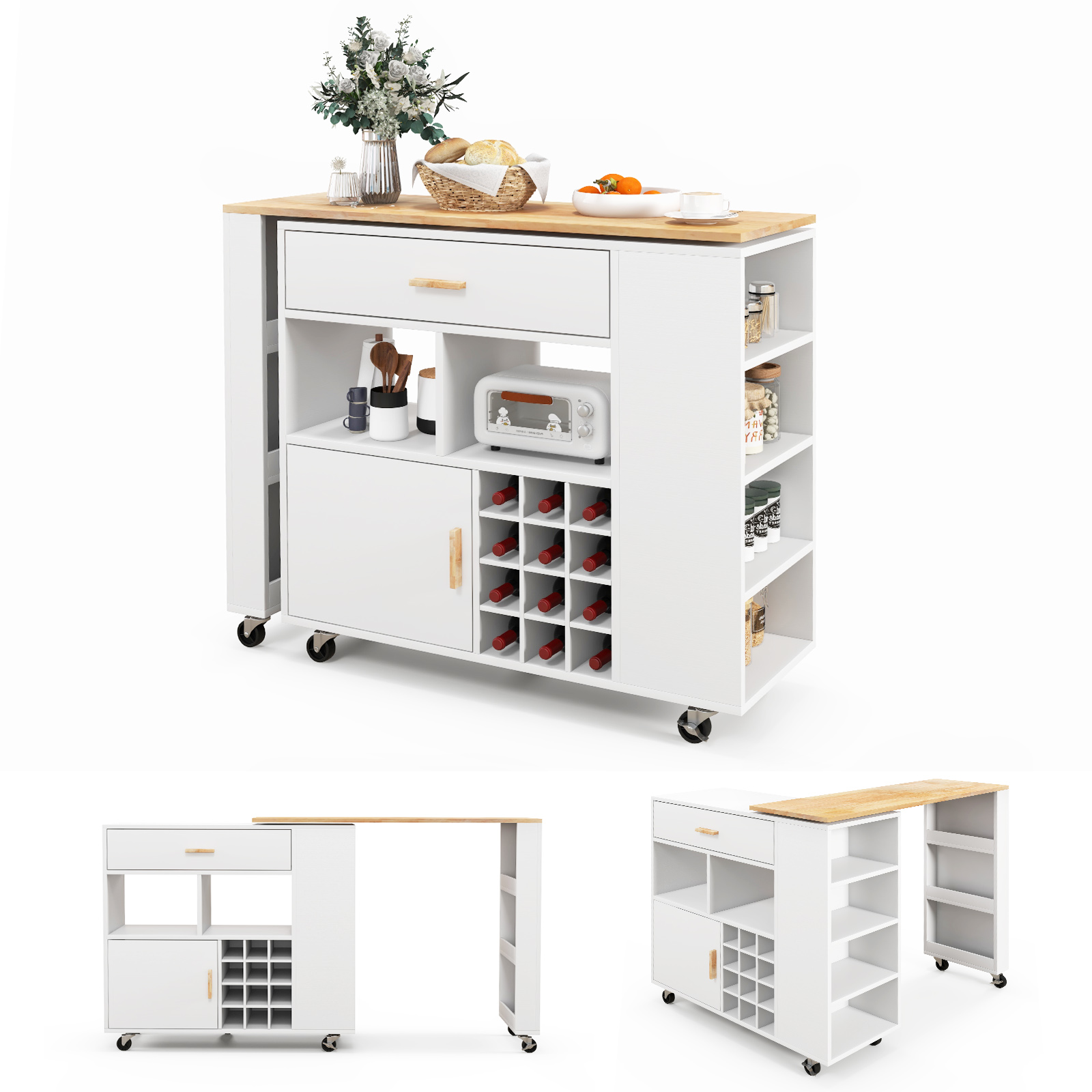 2-in-1 Kitchen Island Cart with Rubber Wood Top-White - Savings Store