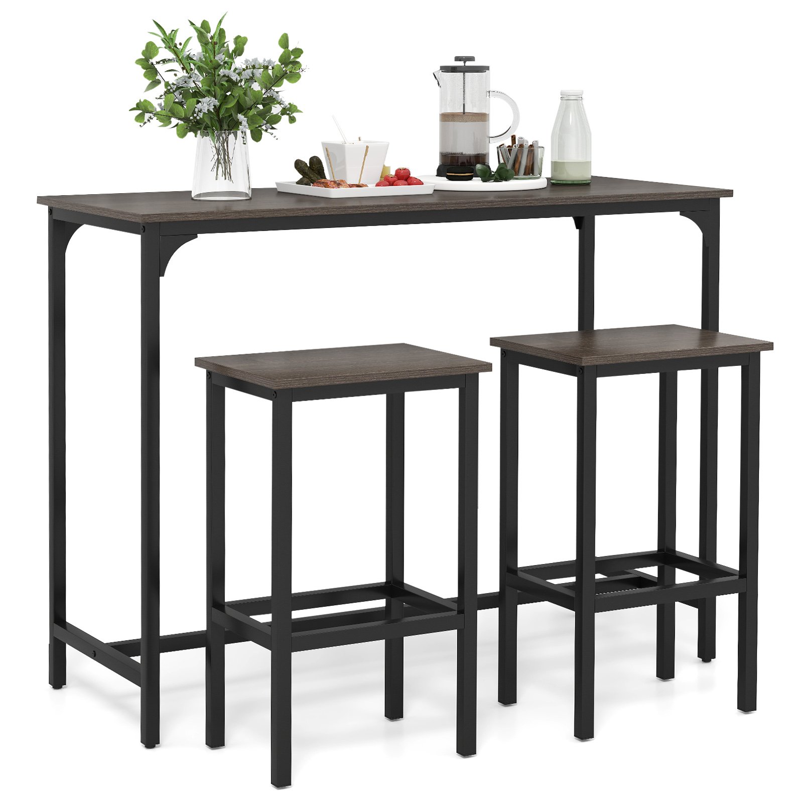 VANE 3-Piece Dining Table Set with High Top Rectangular Pub Table and Chairs-Grey - Savings Store