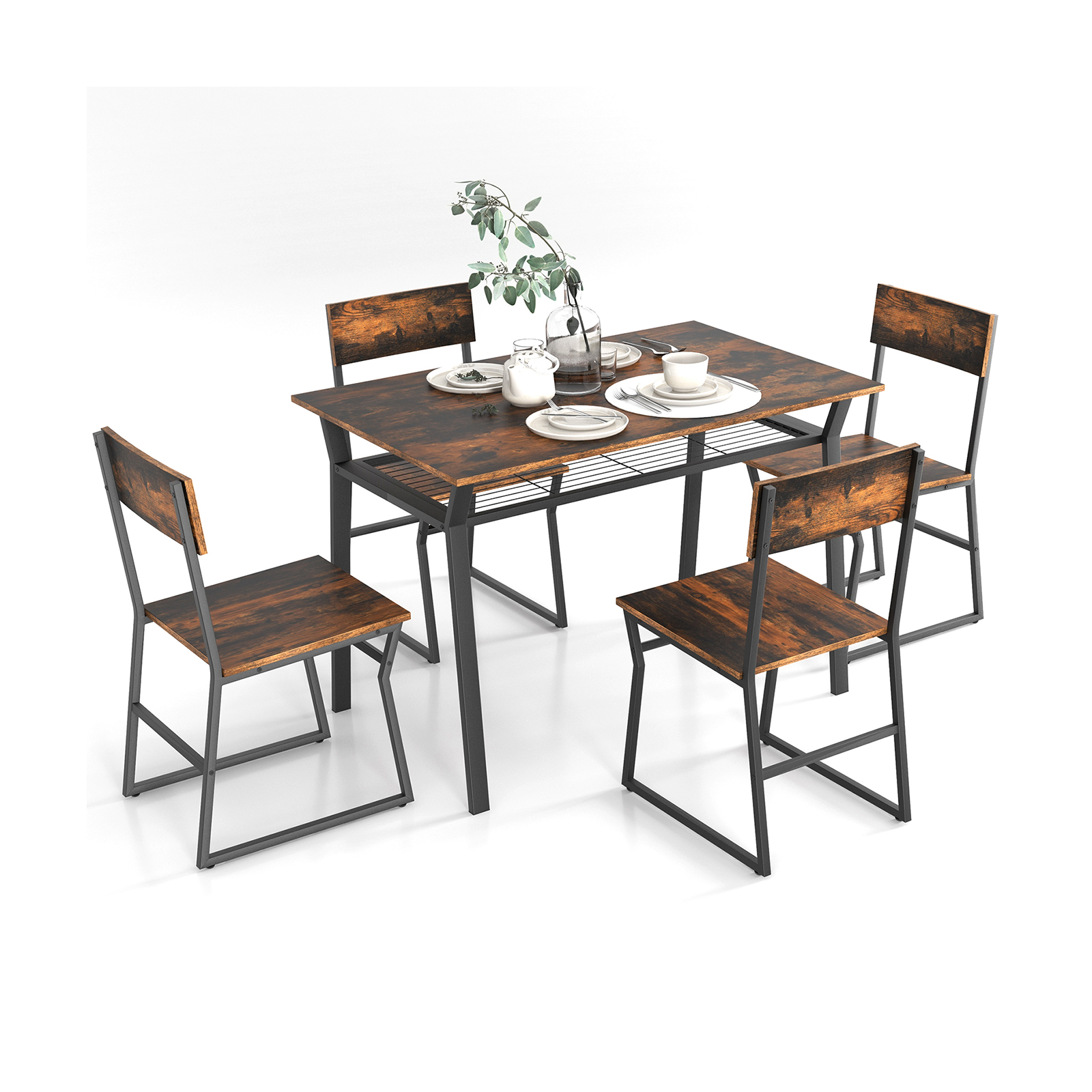 5 Piece Dining Table Set with Storage Rack and Metal Frame-Rustic Brown - Savings Store