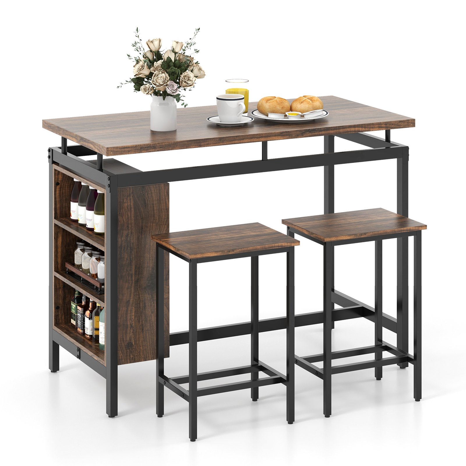 Dining Table Set - 3-Piece Dining Table Set with 3-Tier Storage Shelf and Metal Frame-Coffee - Savings Store