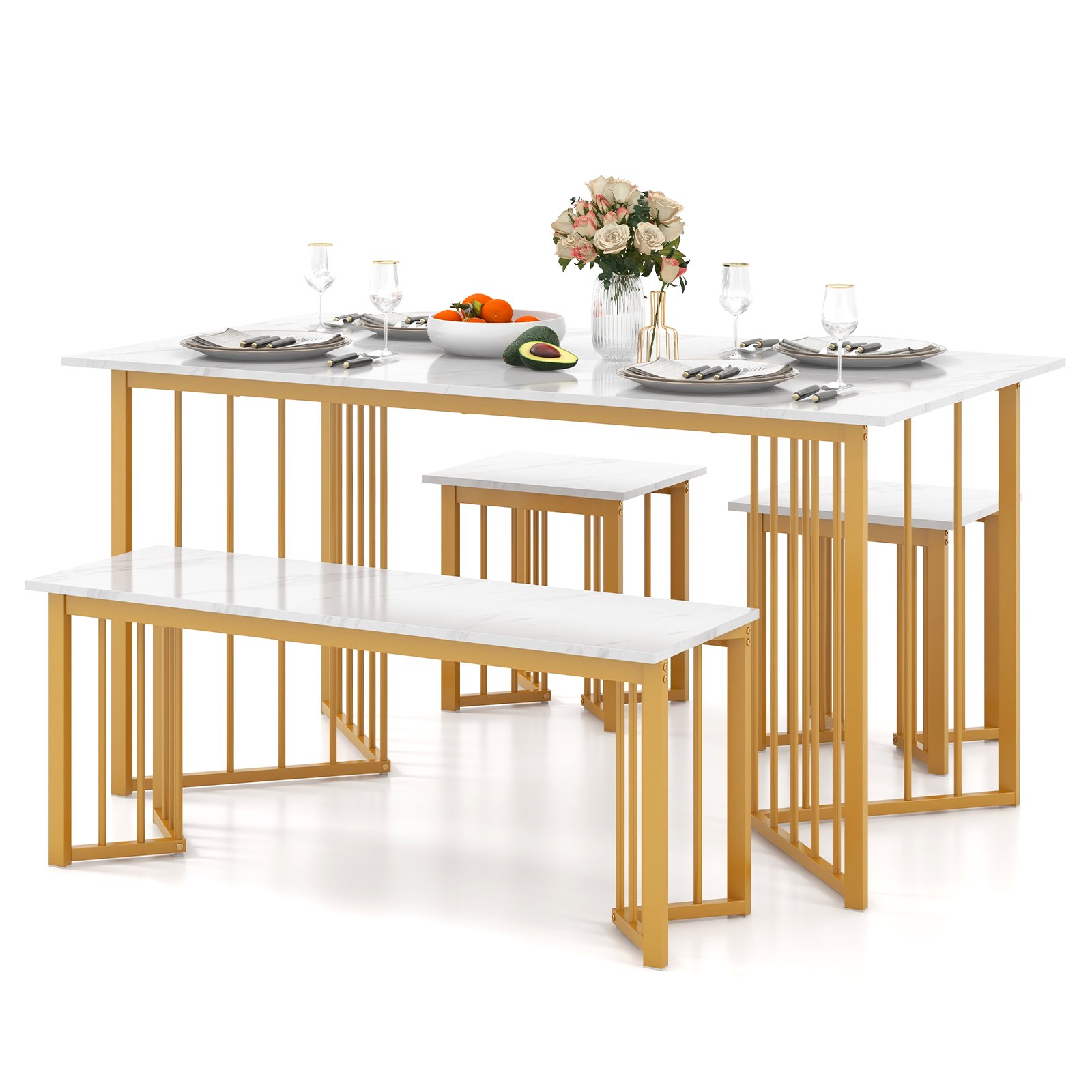 Dining Table Set - 4 Pieces Modern Dinette Dining Table Set with Bench and 2 Stools-White Golden - Savings Store