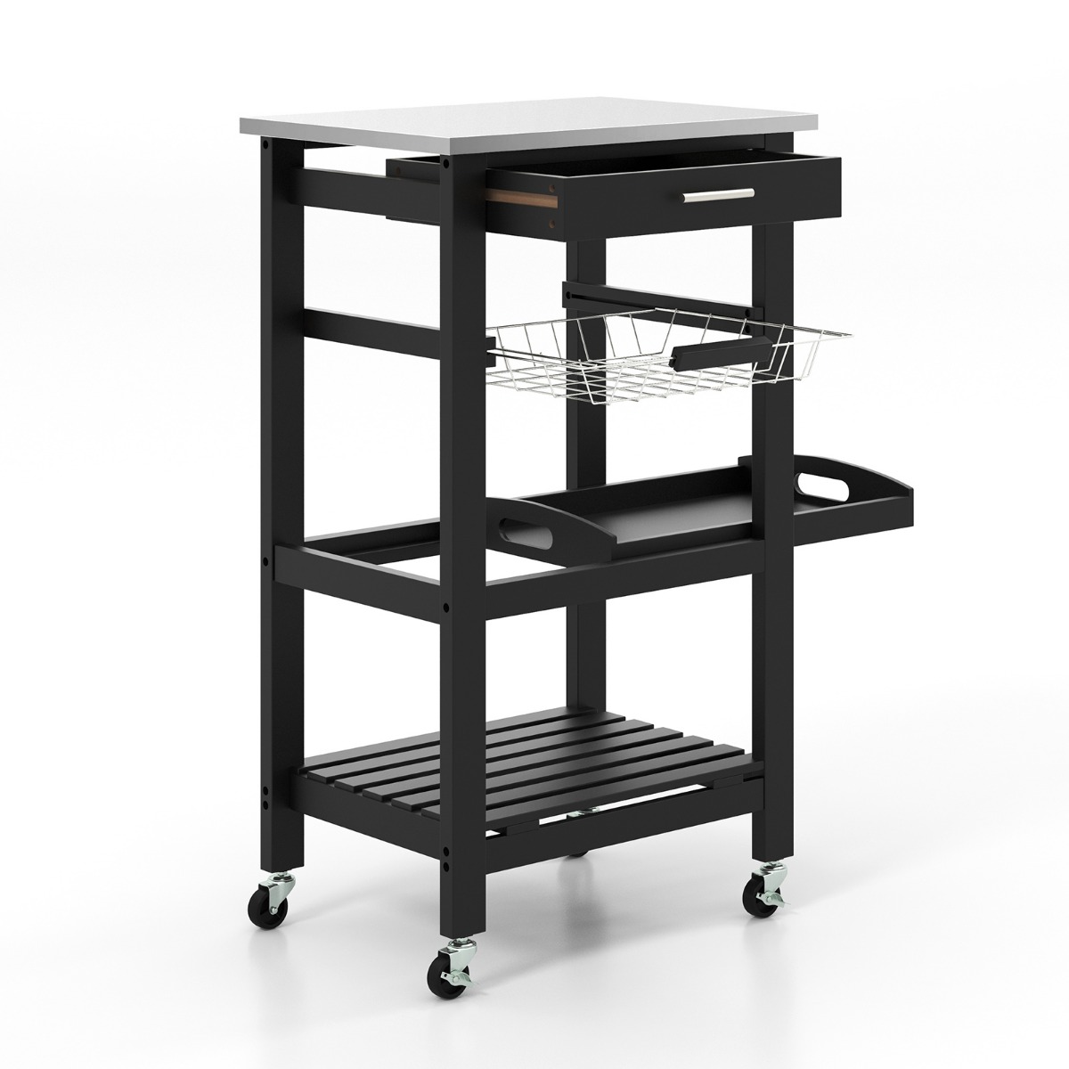 4-Tier Rolling Trolley Cart with Lock Wheels Basket and Drawer-Black - Savings Store