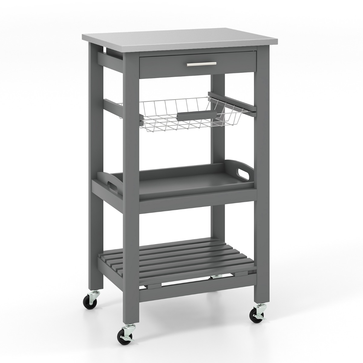 4-Tier Rolling Trolley Cart with Lock Wheels Basket and Drawer-Grey - Savings Store