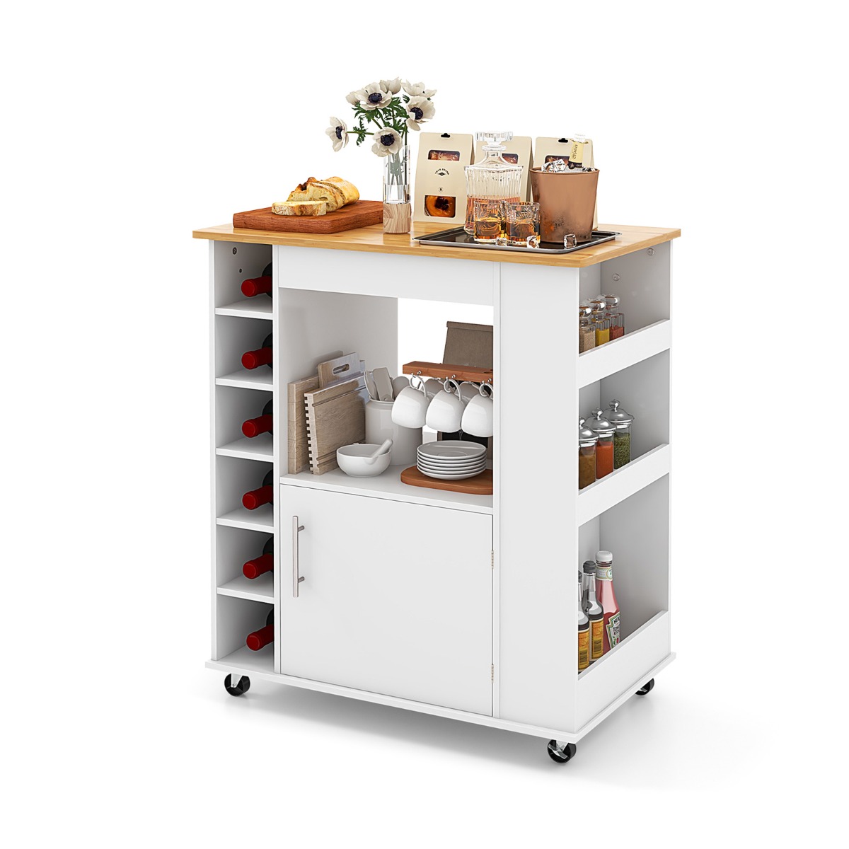 Rolling Kitchen Island with Storage and Towel Rack-White - Savings Store