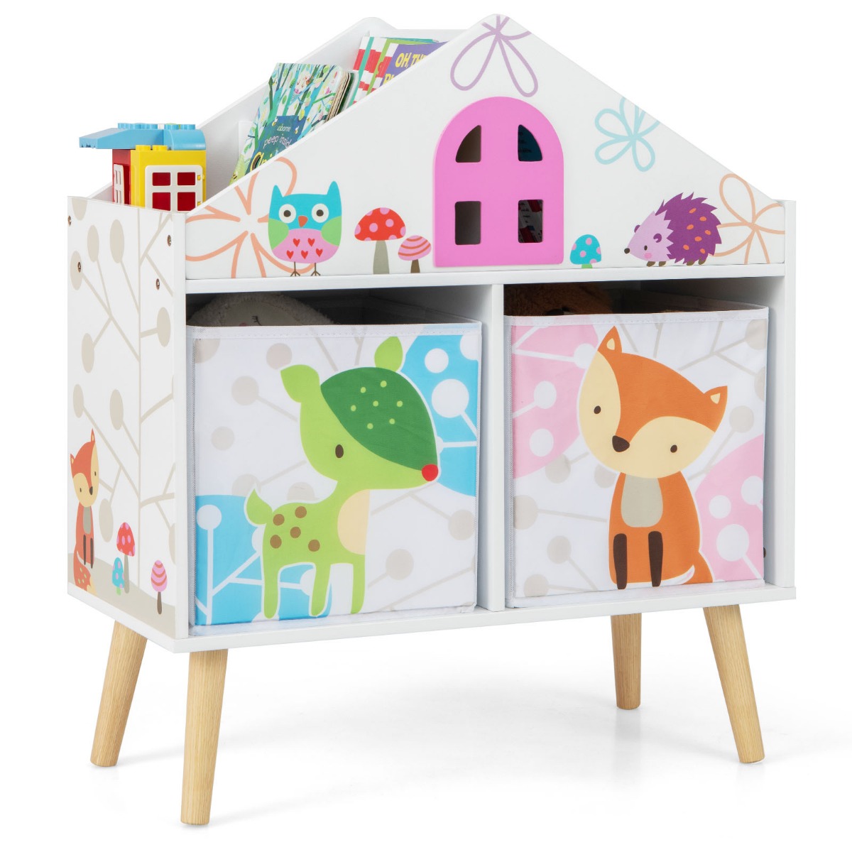 Kids House-shaped Bookshelf with 2 Storage Bins and Elevated Solid Wood Legs - White - Savings Store