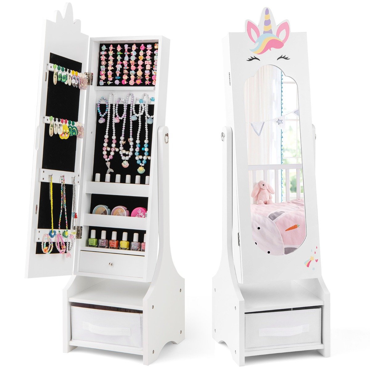 LUTYNO Kids Jewelry Cabinet with Full-Length Mirror and Foldable Drawer-White - Savings Store