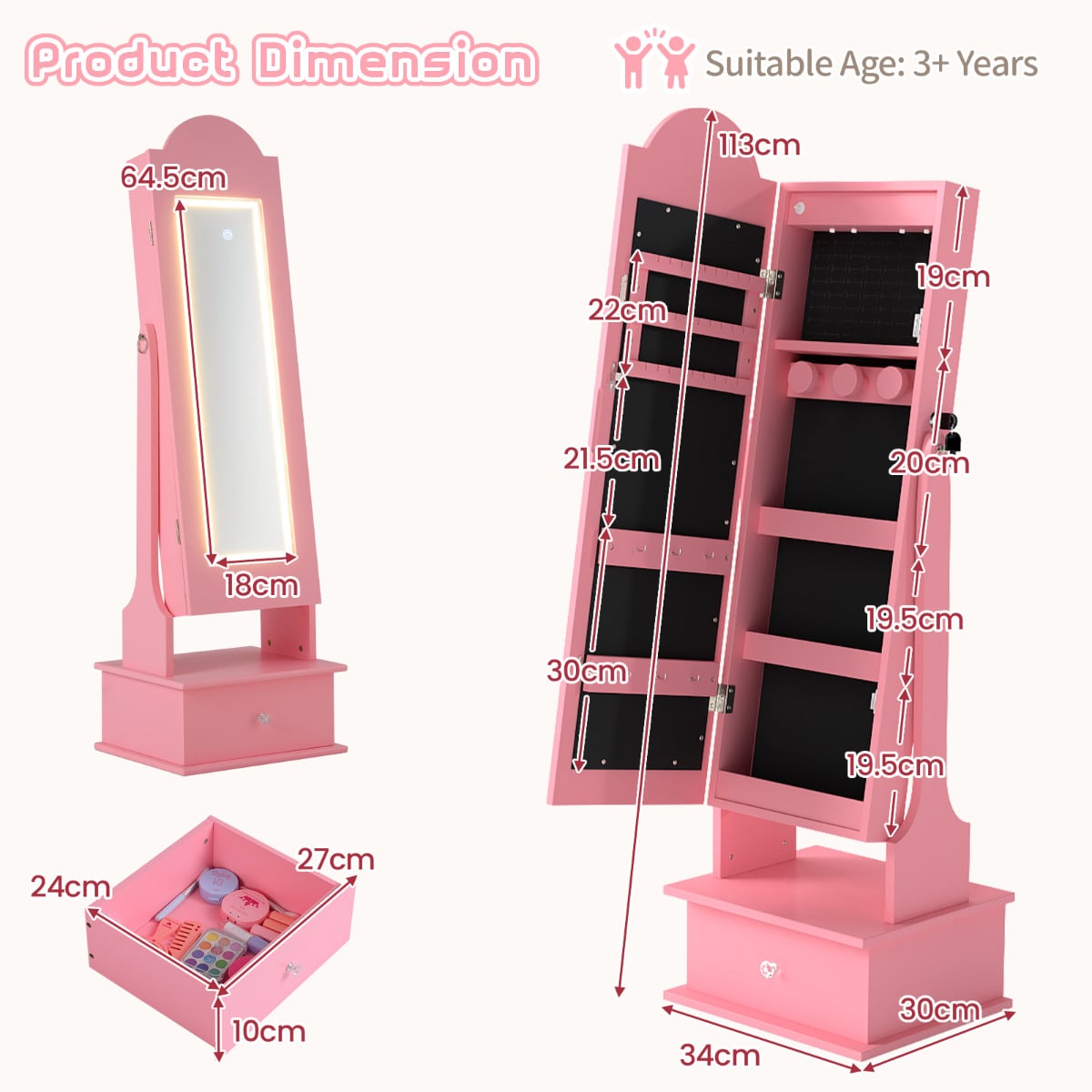 ZVORA Kids Jewelry Cabinet Children Jewelry Organizer with Lights-Pink - Savings Store