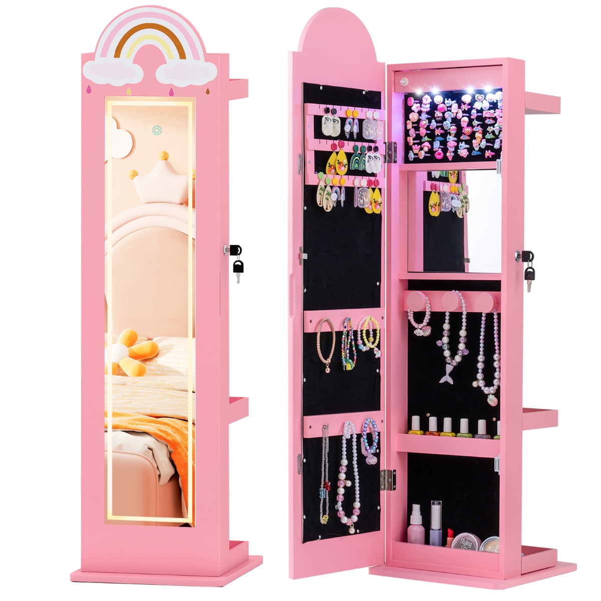 ZVARO Kids Jewelry Cabinet Standing Children Jewelry Organizer-Pink - Savings Store