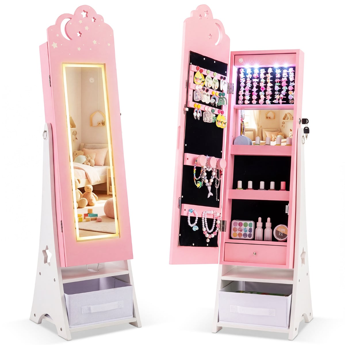 ZYNOR Kids Jewelry Cabinet with Sensor Lights and Full-Length Mirror-Pink - Savings Store
