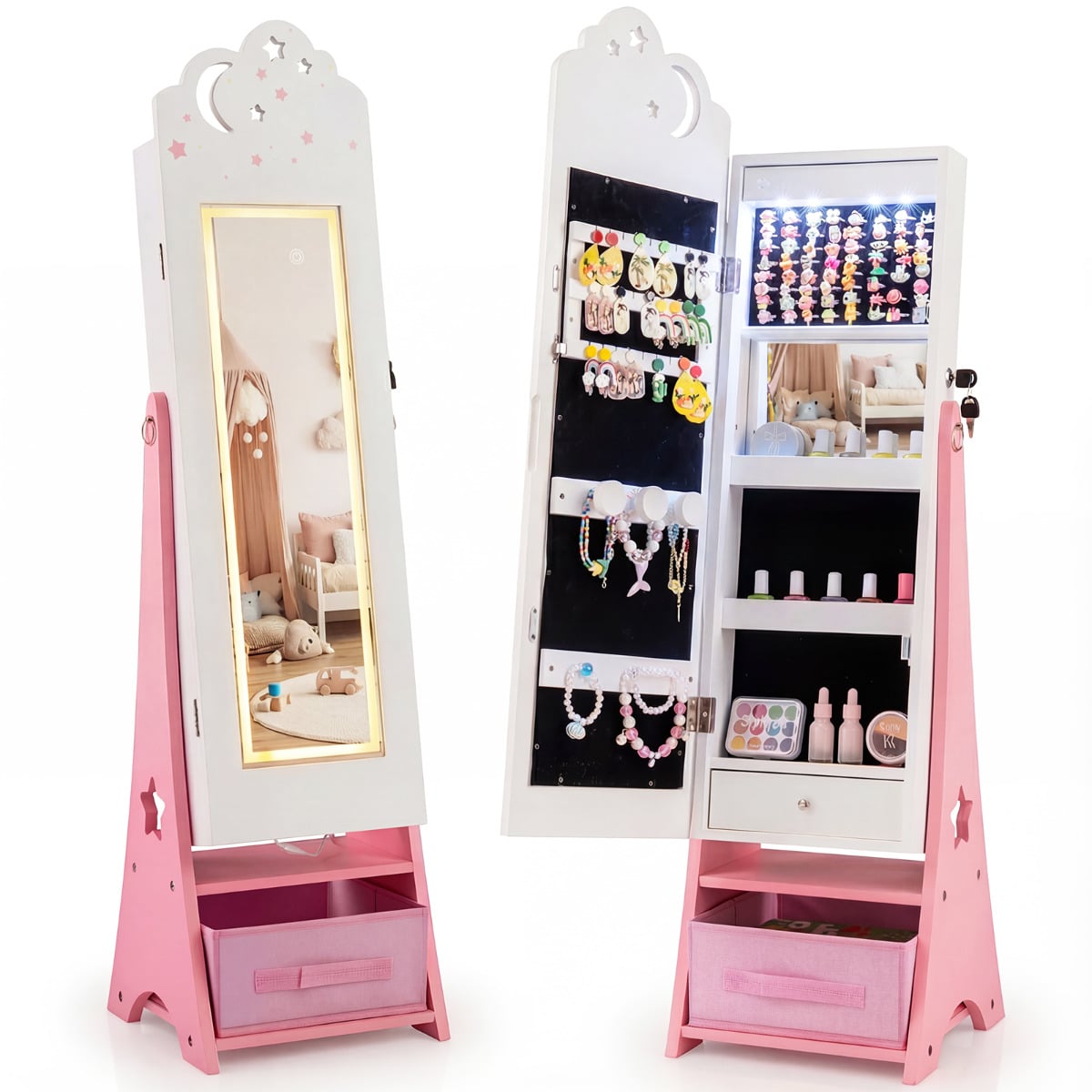 ZYNOR Kids Jewelry Cabinet with Sensor Lights and Full-Length Mirror-White - Savings Store