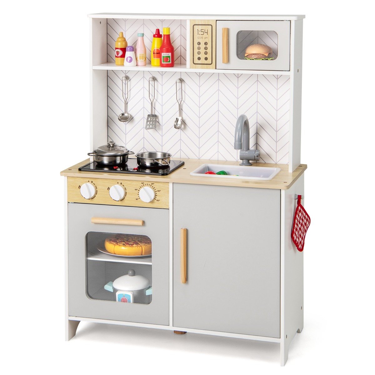 Kids Kitchen Playset with Lights and Sounds Stove Oven Sink Faucet Microwave-White - Savings Store