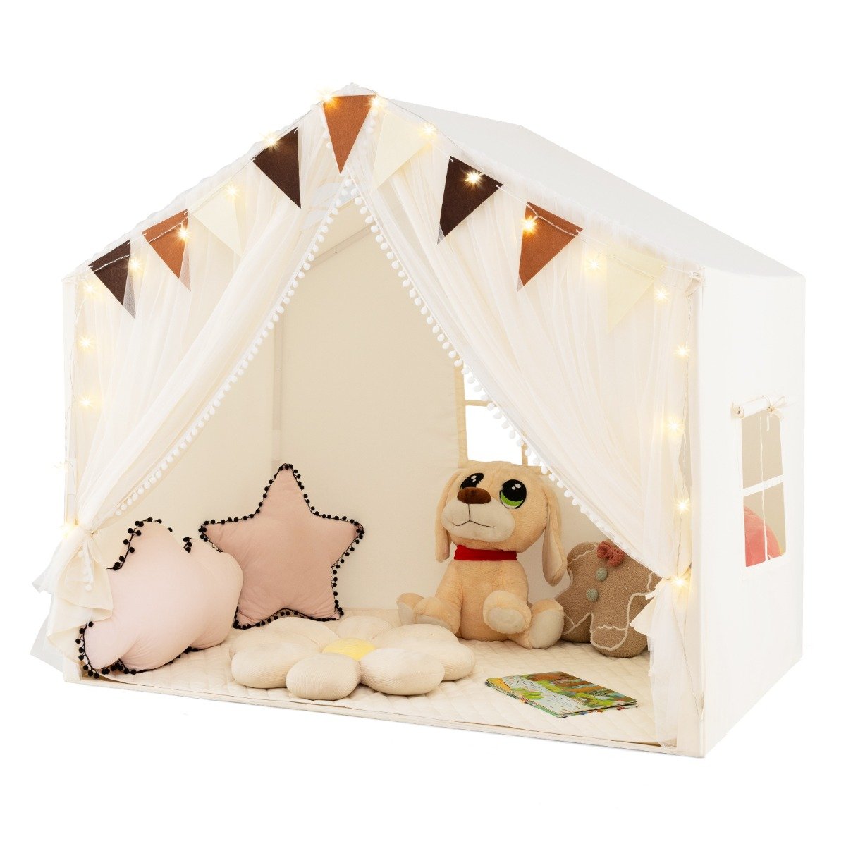 XOA Kids Play Tent 3-4 Kids Large Play Tent House with Fabric and Screen Curtains-Beige - Savings Store