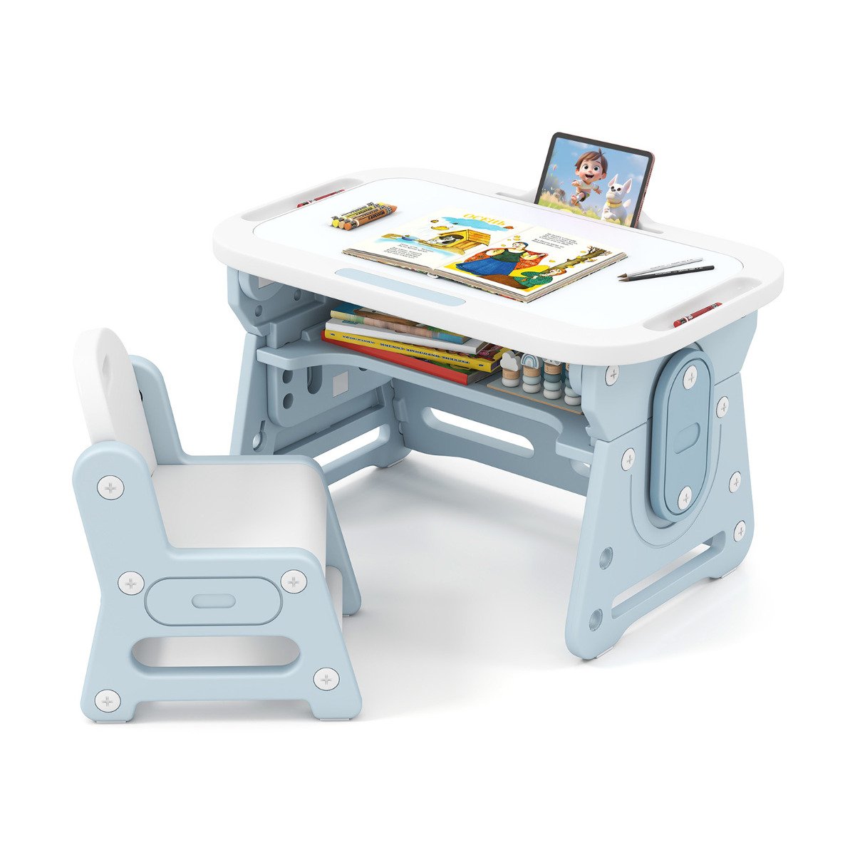 THORNSTEAD Kids Table and Chair Set with Tiltable Whiteboard and Book Stand-Blue