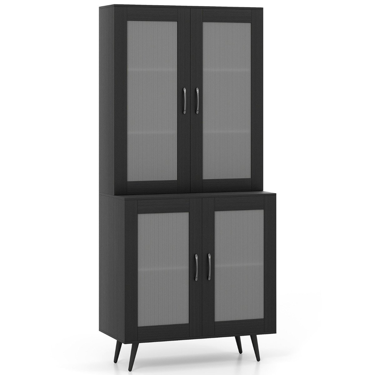 ORUL Kitchen Pantry Cabinet with Transparent Doors and Metal Legs-Black - Savings Store