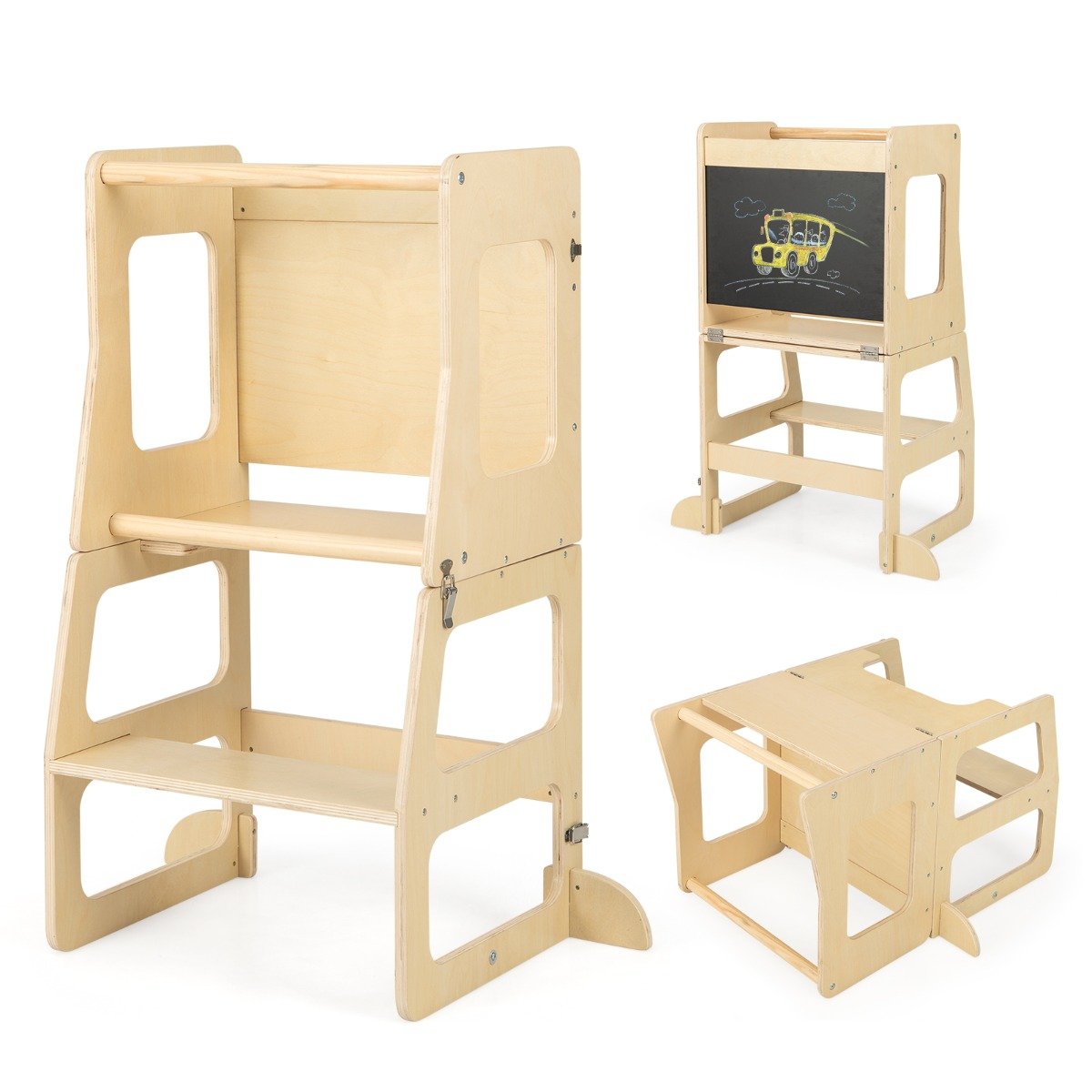 Kitchen Trolley - 3-in-1 Foldable Kitchen Standing Tower for Toddlers with Chalkboard, Weaning Table-Natural - Savings Store