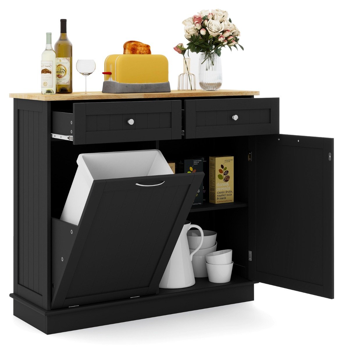 MOINRA Kitchen Tilt Out Trash Cabinet with 70L Hidden Garbage Holder-Black - Savings Store