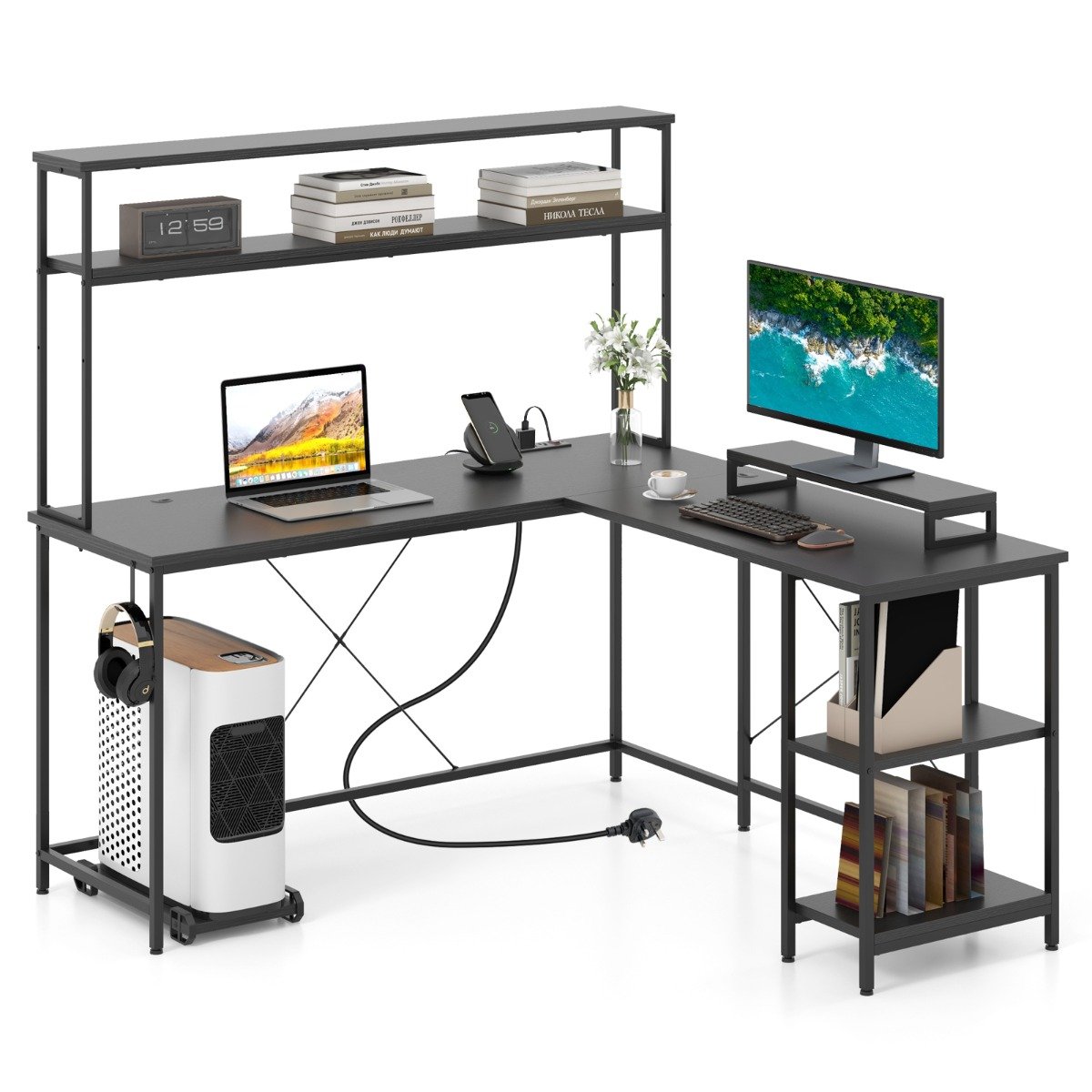 MONEA L-Shaped Gaming Desk with LED Strip and Power Outlets-Black - Savings Store