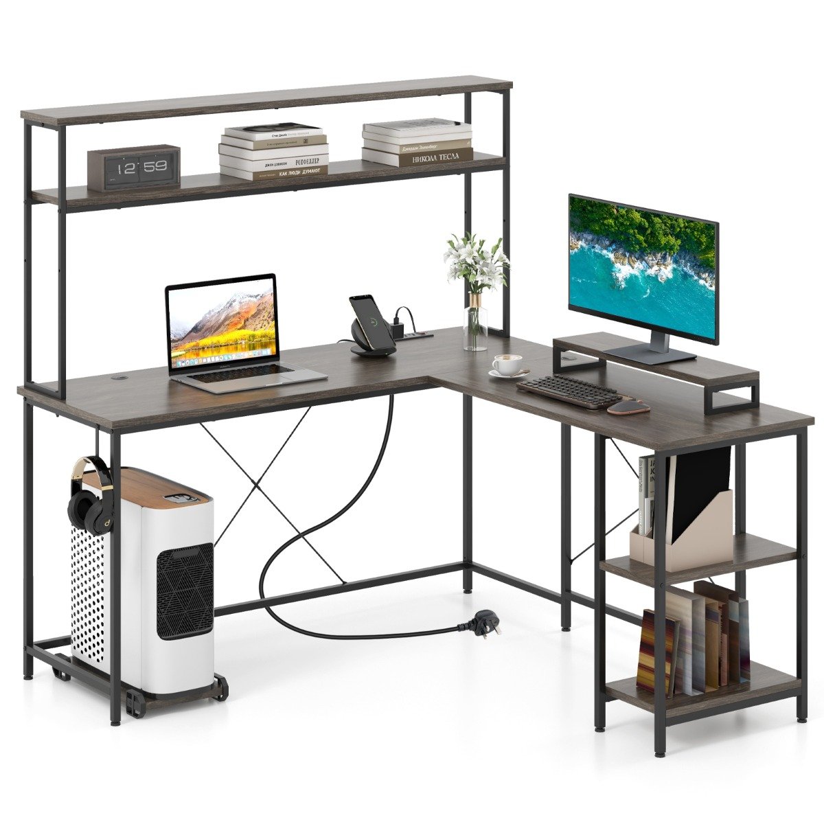 MONEA L-Shaped Gaming Desk with LED Strip and Power Outlets-Grey - Savings Store