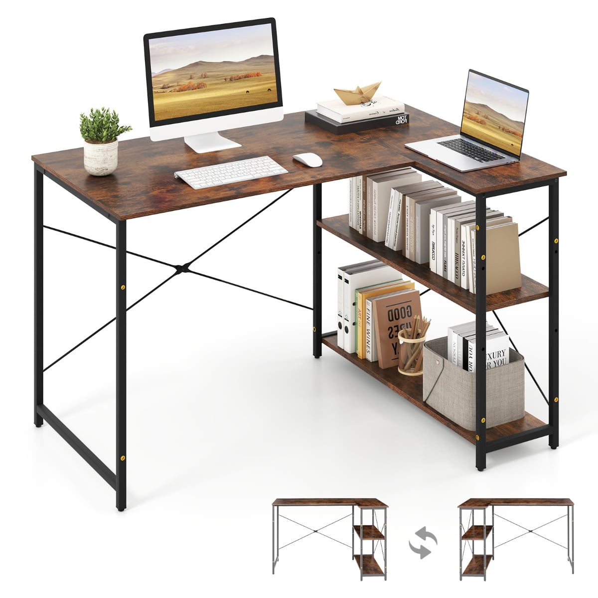 WIORA L-shaped Computer Desk Reversible Corner Desk with Adjustable Shelf-Rustic Brown - Savings Store