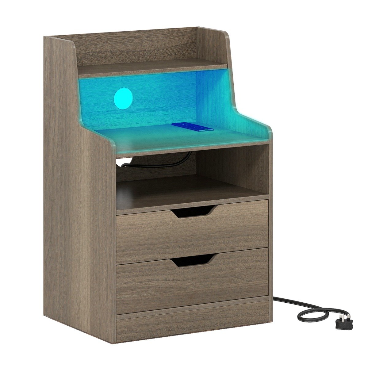 CALSCOTT LED Nightstand with Charging Station 2-Drawer Bedside Table with Open Shelf-Grey - Savings Store